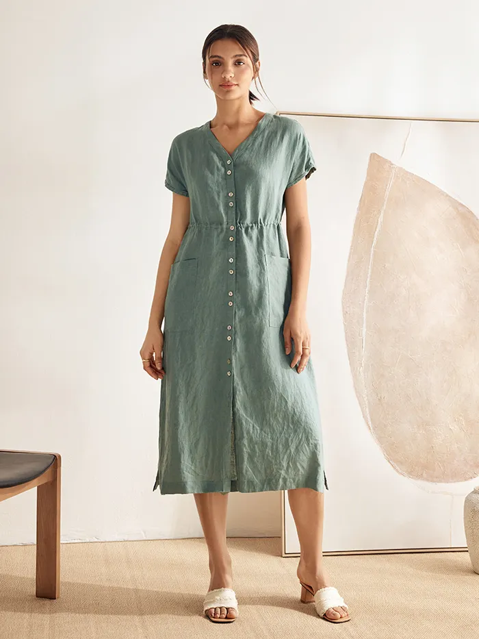 Button-Front Midi Dress in 100% Linen