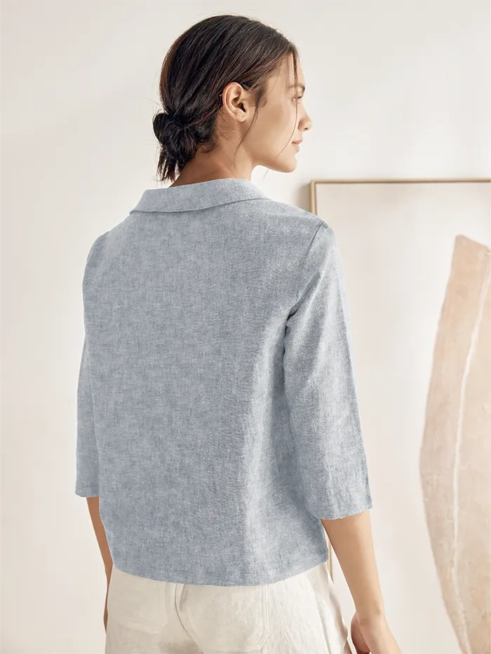 Linen Top with Soft-Fold Collar | Elegant Women's Blouse