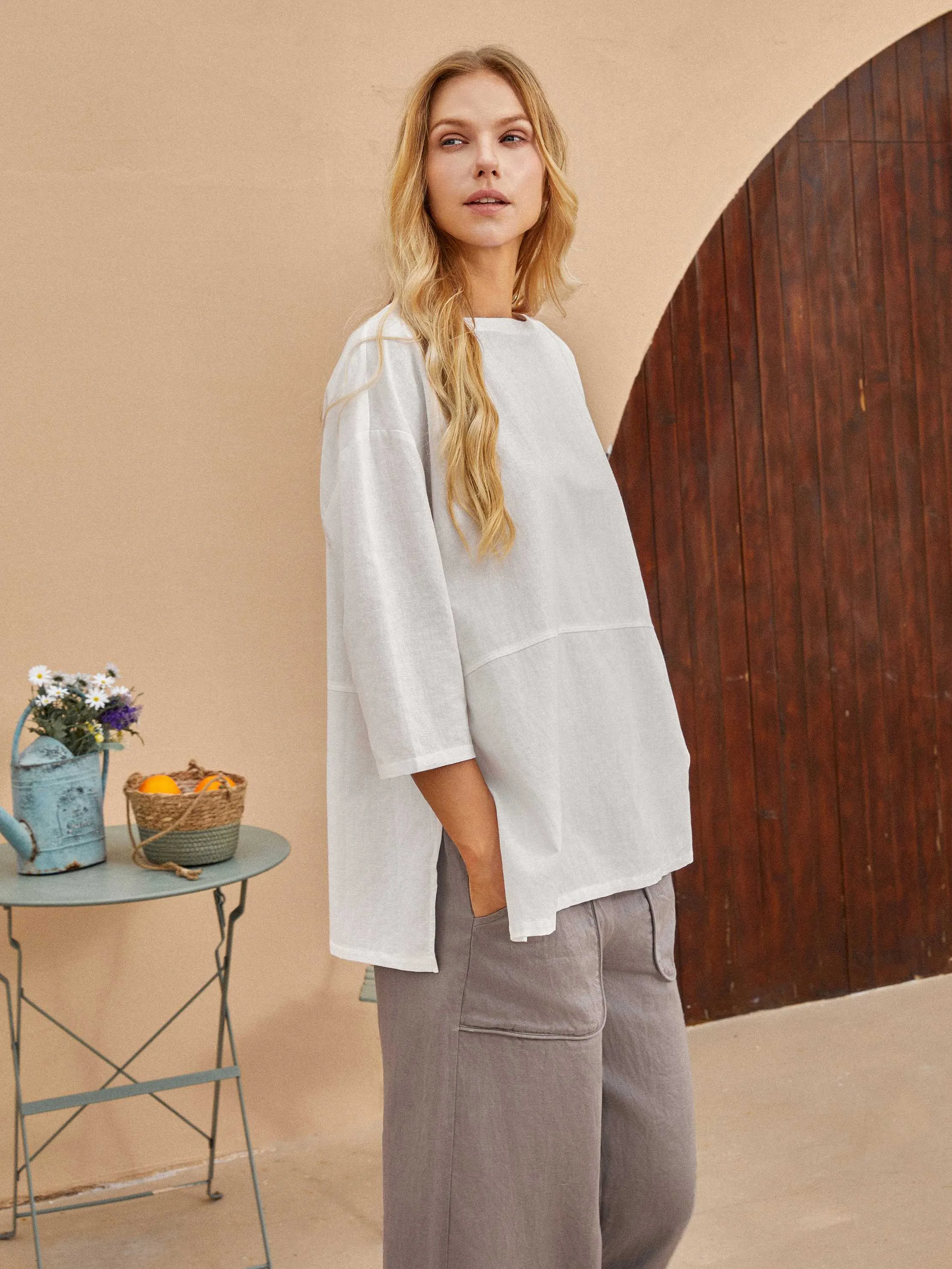 LINEN WHITE BOAT NECK TOP AVA