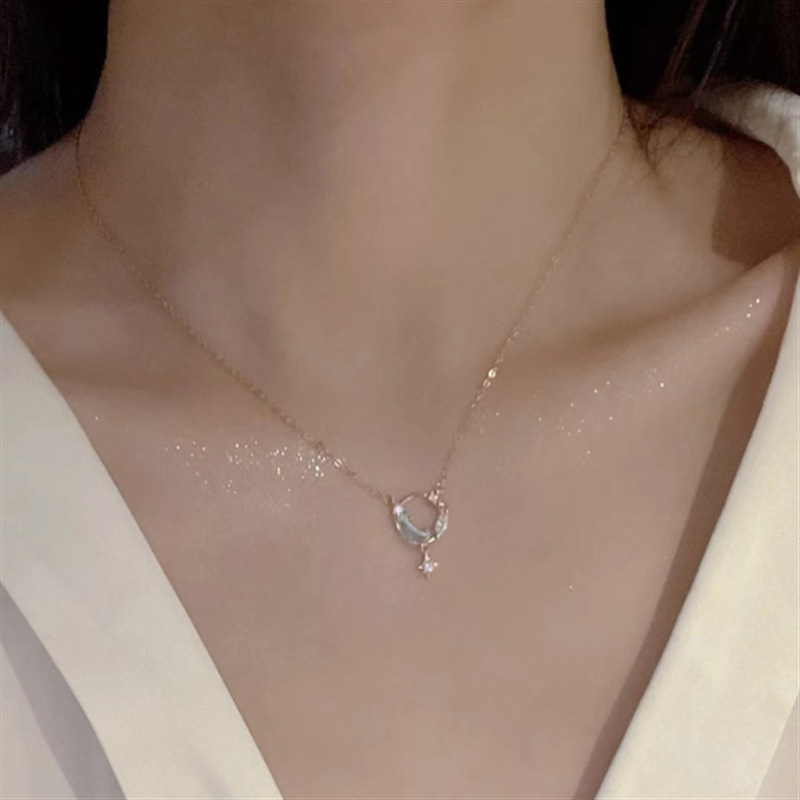 Colier cu stea și lună din argint Zun Yin 925 pentru femei, cu design de nișă de lux, stea albastră și lanț pentru claviculă cu lună