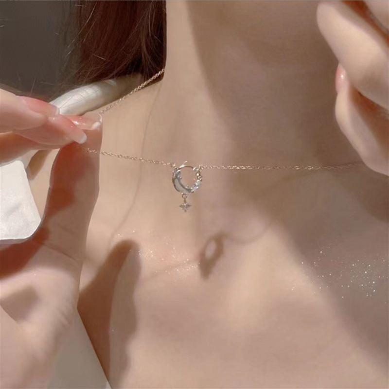 Colier cu stea și lună din argint Zun Yin 925 pentru femei, cu design de nișă de lux, stea albastră și lanț pentru claviculă cu lună