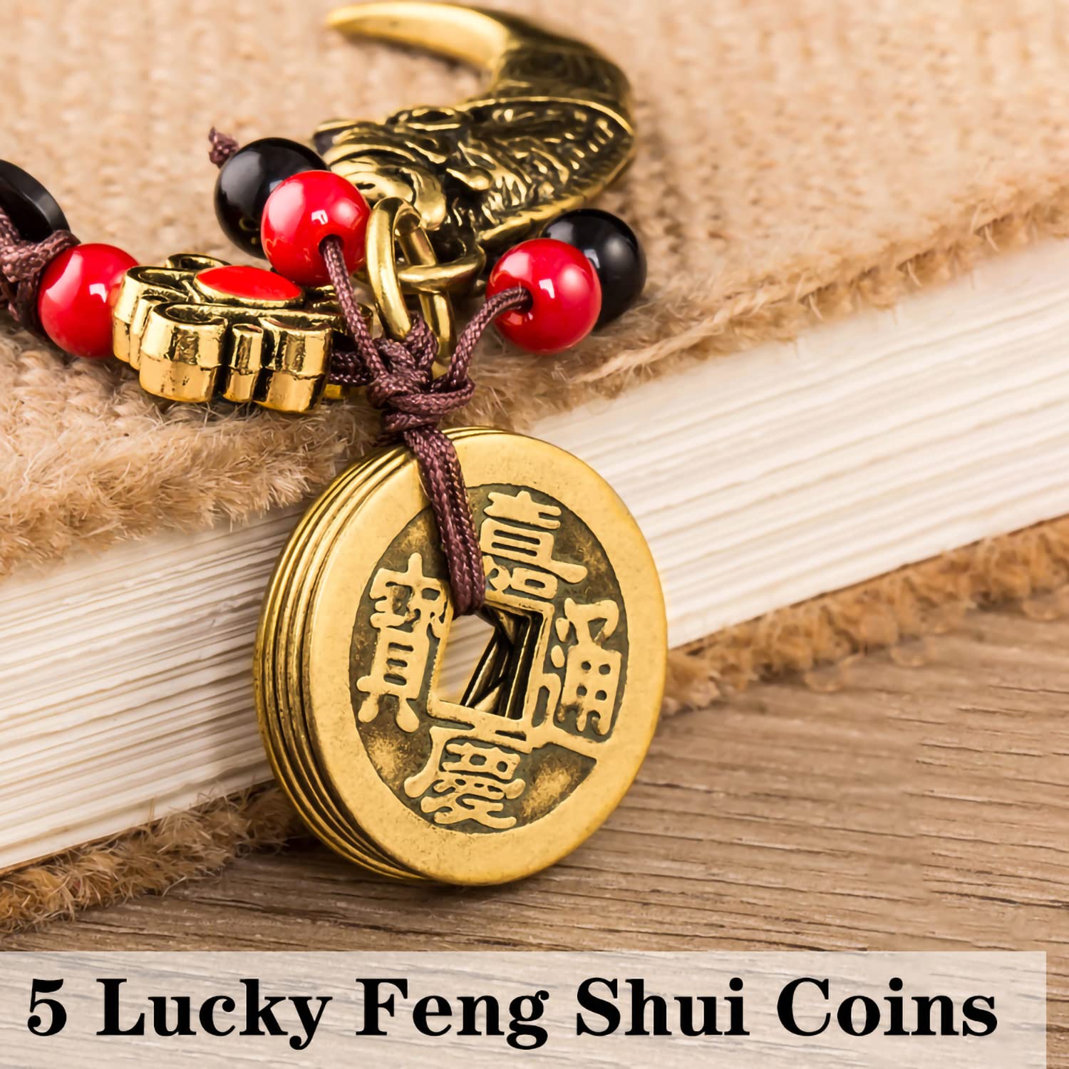 🍀[Cumpărați unul și primiți trei gratuit]! ✨Dragon Teeth Amulet Feng Shui Lucky Breloc, Accesoriu pentru geantă pentru farmecul norocului cu cinci monede Feng Shui Lucky Charm Ciciuc