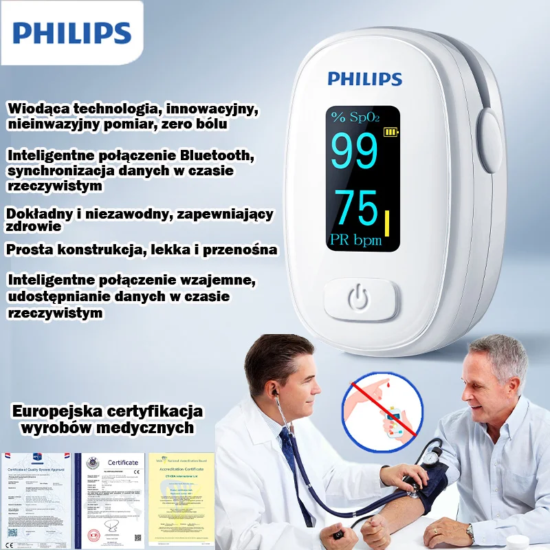 Przypinany pulsoksymetr i glukometr firmy Philips mierzą poziom cukru i tlenu we krwi