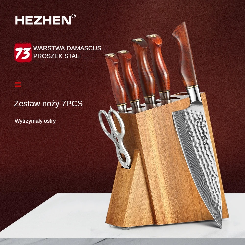 HEZHEN 1-7-częściowy zestaw noży 73 warstwy stali damasceńskiej proszkowej Narzędzia kuchenne Noże szefa kuchni Santoku Noże do chleba Uchwyt na noże