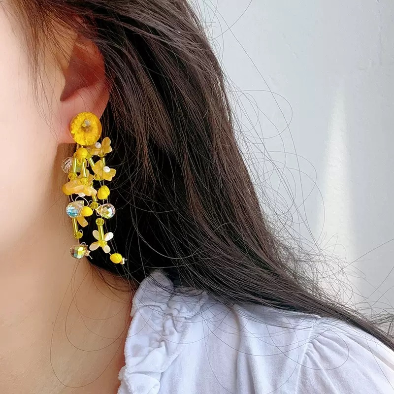 Twinkglo™ Handmade Yellow Dried Flower & Crystal Drop Earrings