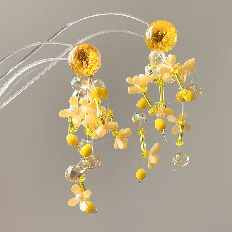 Twinkglo™ Handmade Yellow Dried Flower & Crystal Drop Earrings