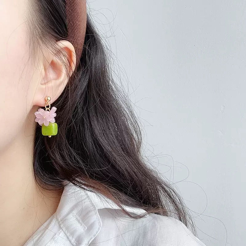 Twinkglo™ Handmade Pink Floral & Green Natural Stone Drop Earrings