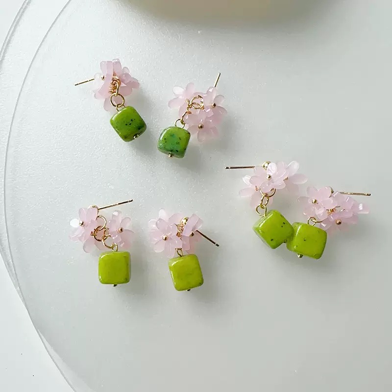Twinkglo™ Handmade Pink Floral & Green Natural Stone Drop Earrings