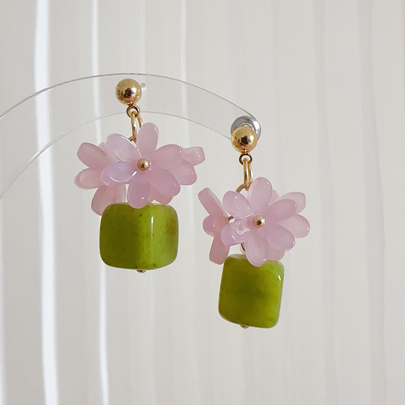Twinkglo™ Handmade Pink Floral & Green Natural Stone Drop Earrings