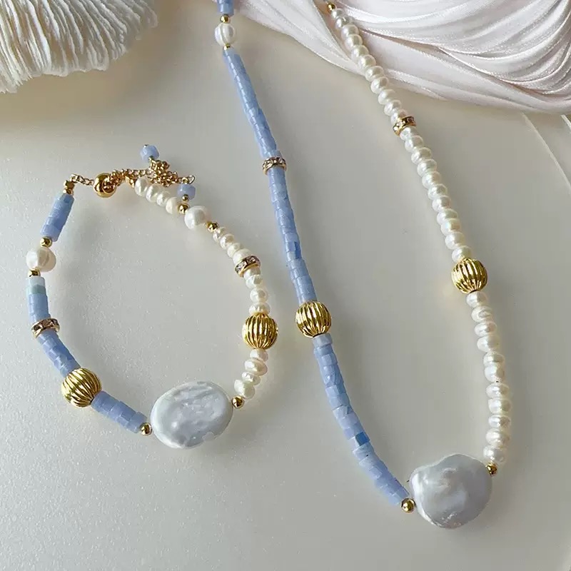 Twinkglo™ Handmade Blue Opal & Baroque Pearl Jewelry Set