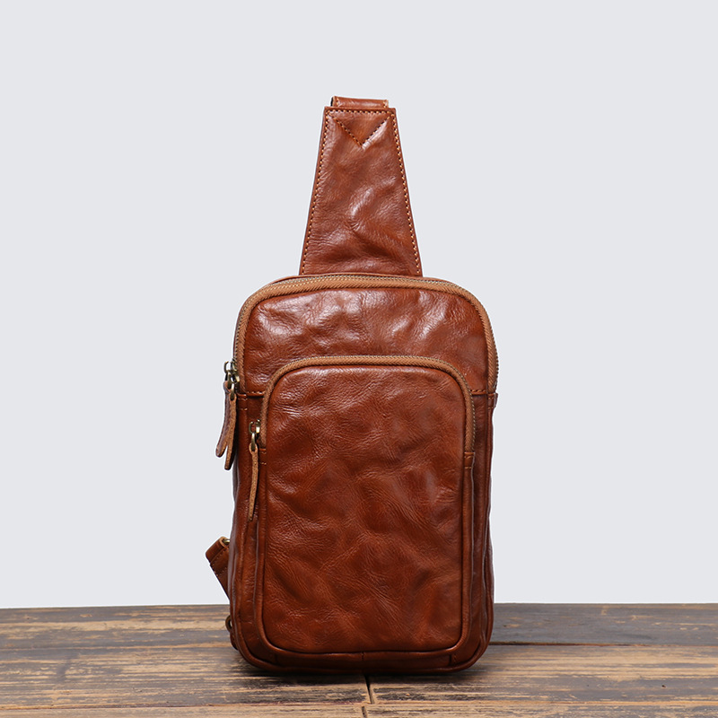 Retro Hand-grain Brown Leather Sling Bag