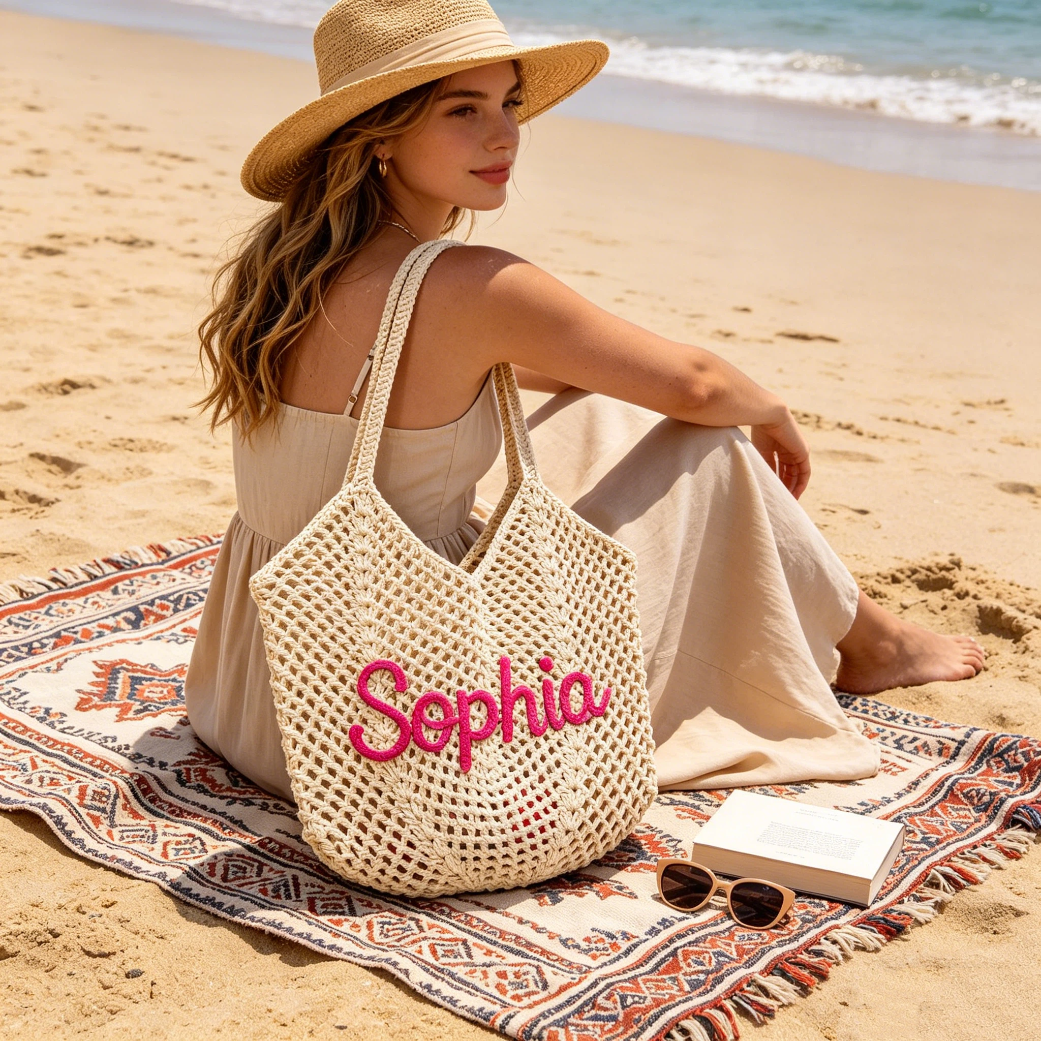 Personalized Hand Embroidered Crochet Beach Tote Bag for Unique & Love | JNSBag122