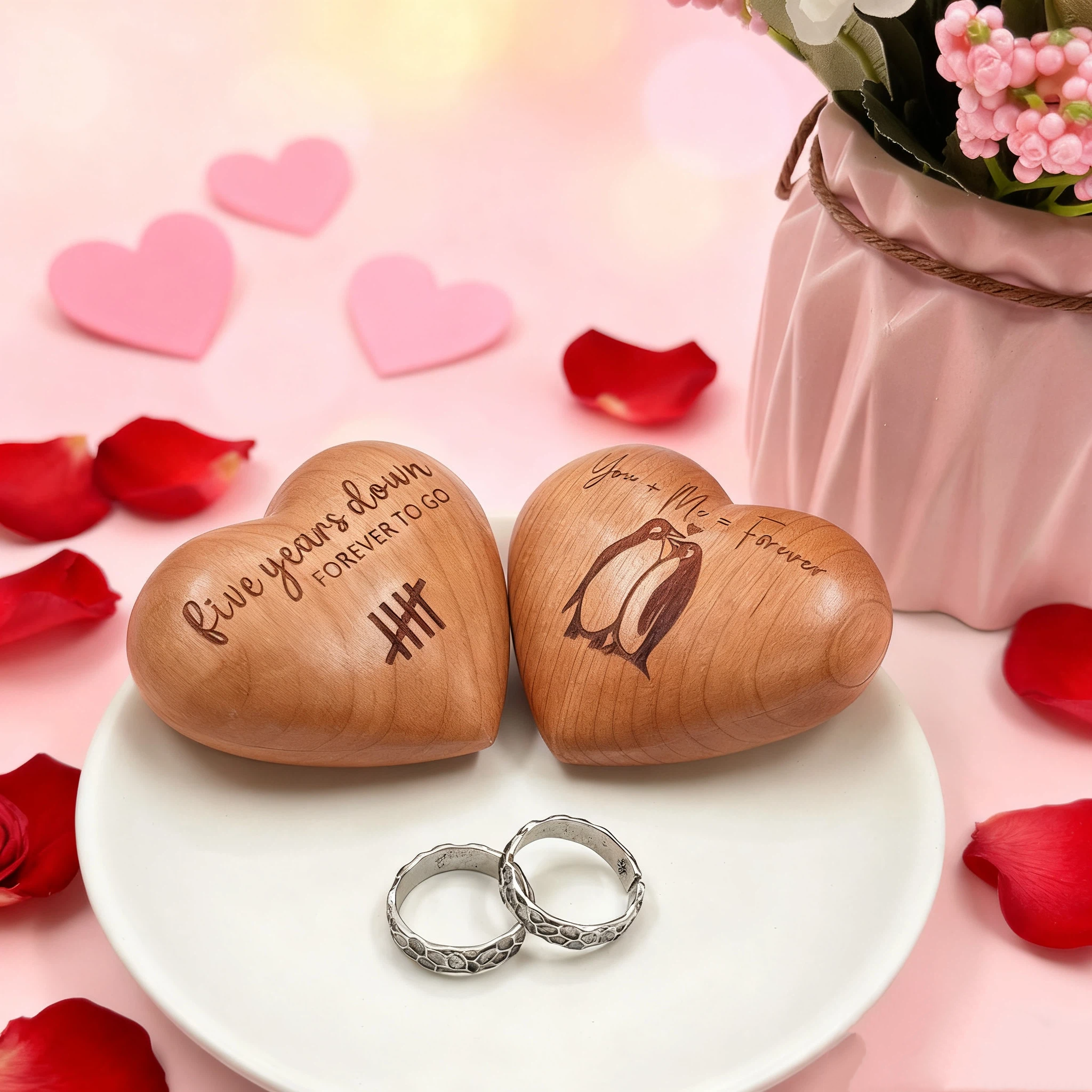 Personalized Penguin Engraved Wood Heart Gift for Unique & Love | JNSDec189
