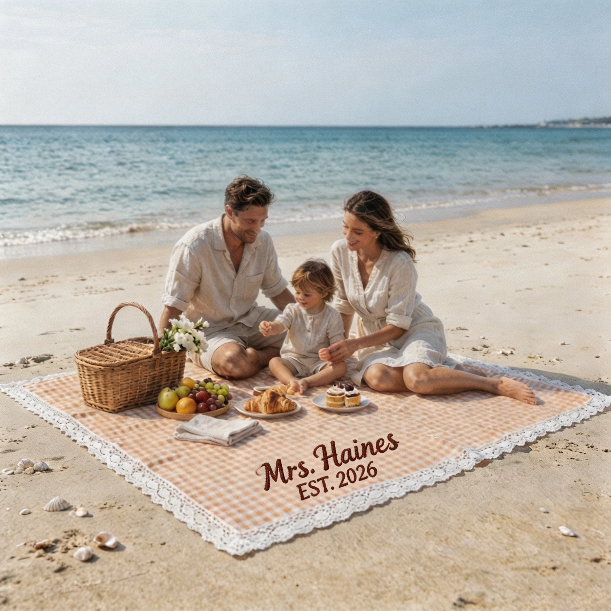Personalized Name Embroidered Lace Gingham Picnic Blanket for Unique and Love | JNSDec226