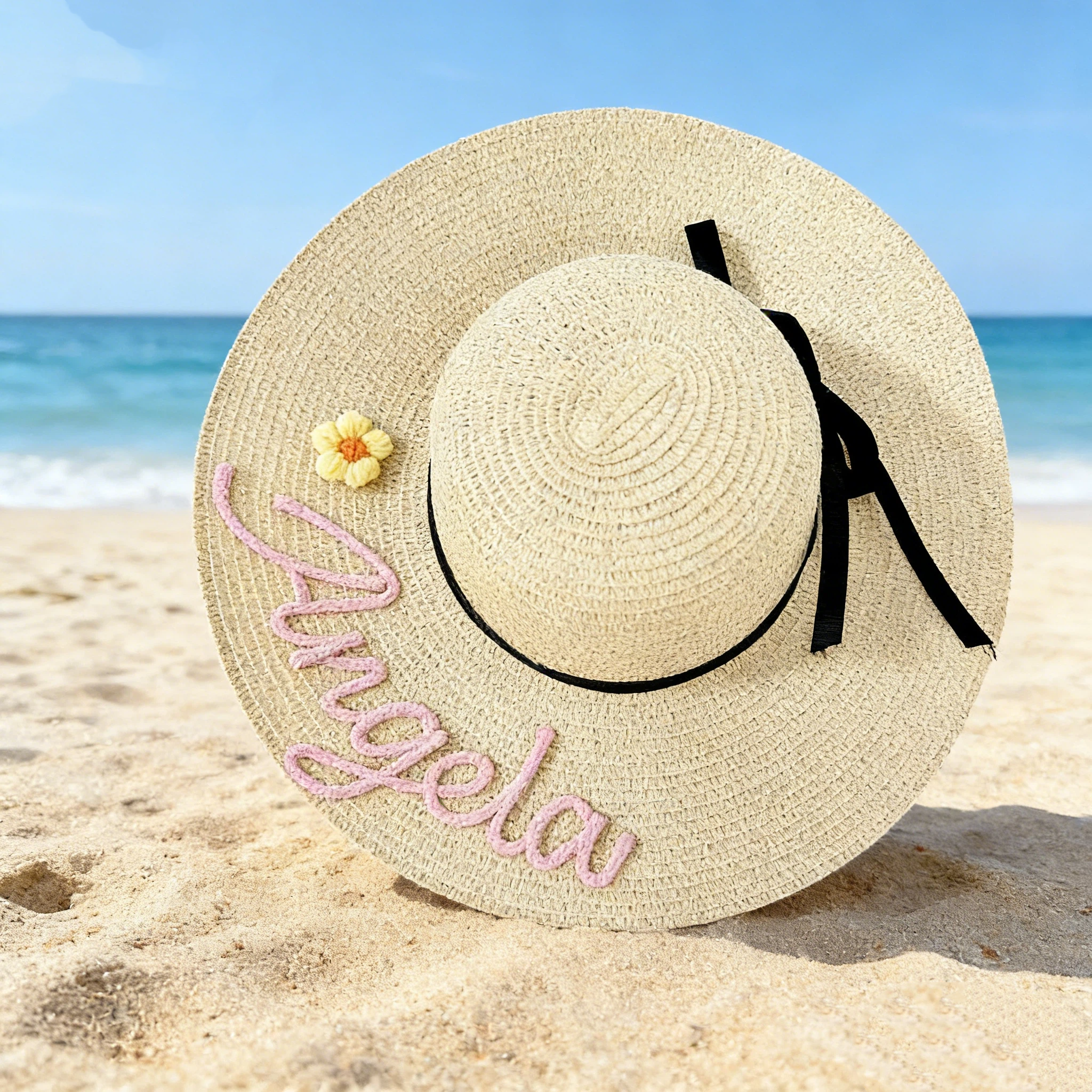 Personalized Hand Embroidered Straw Floppy Sun Hat for Unique & Love | JNSHat14