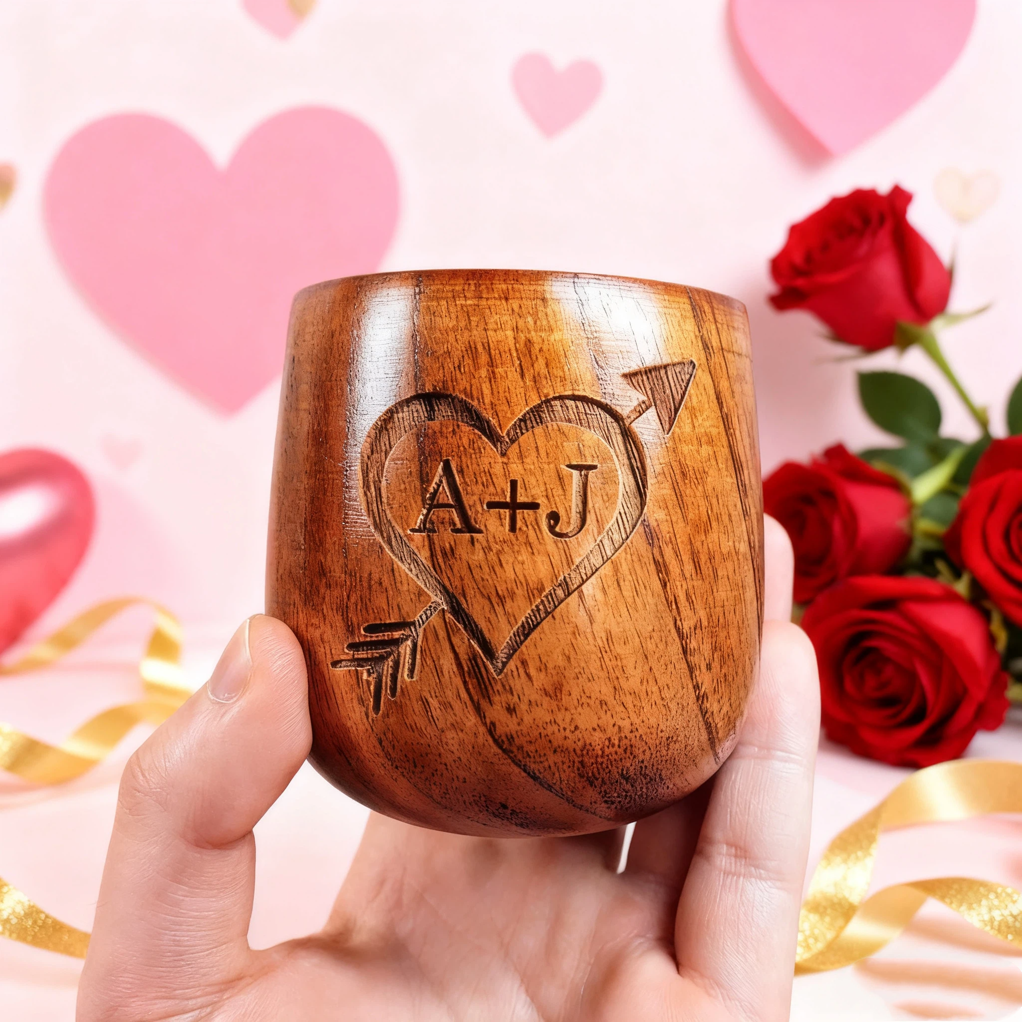 Personalized Valentine's Day Couple Initials Heart Arrow Engraved Wood Cup | JNSBottle05