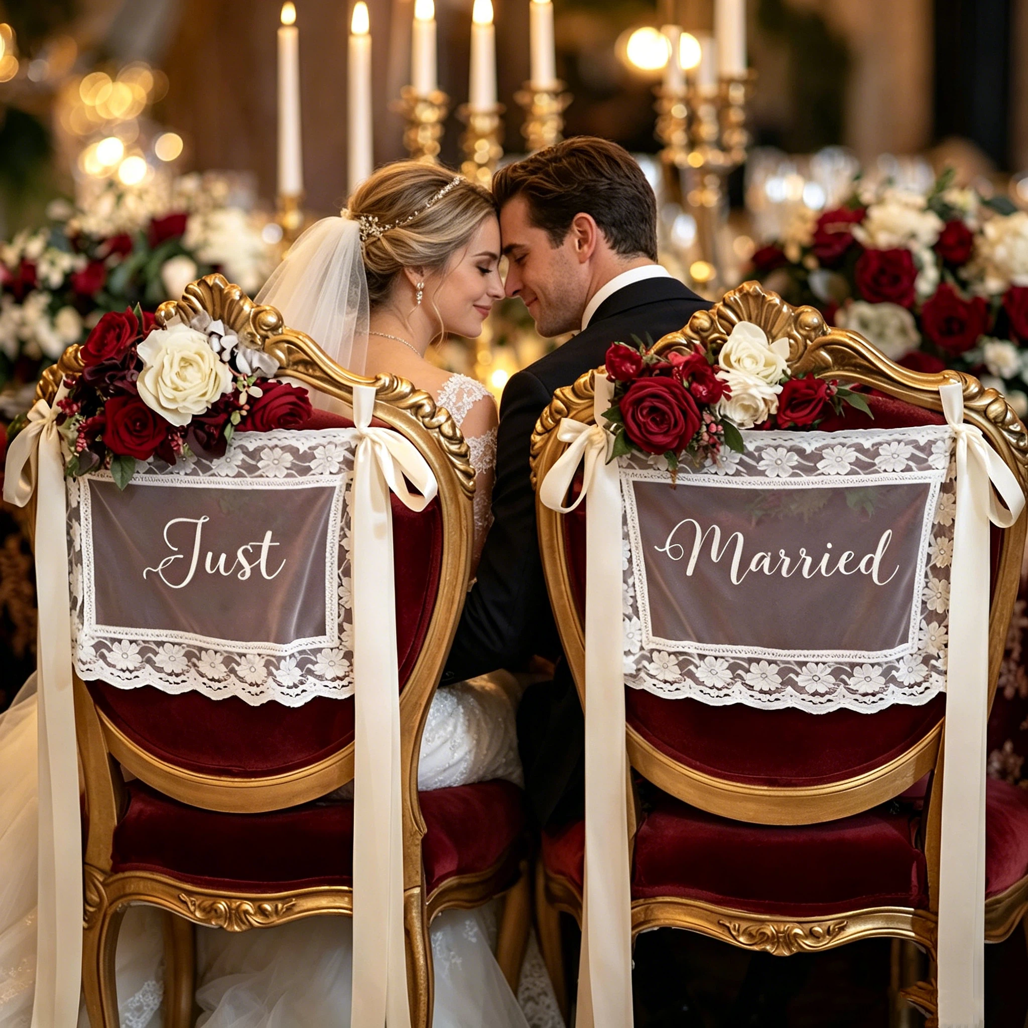 Personalized Just Married Lace Chair Covers Sign for Bride and Groom | JNSDec217
