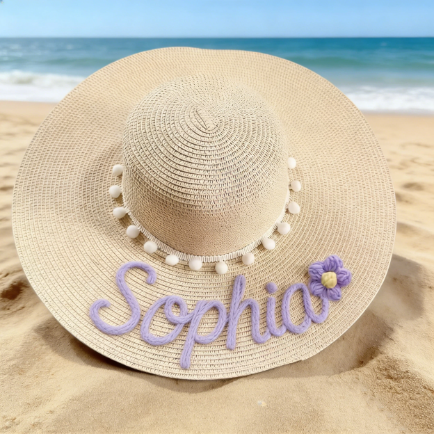 Personalized Hand Embroidered Floppy Straw Beach Hat for Unique & Love | JNSHat15