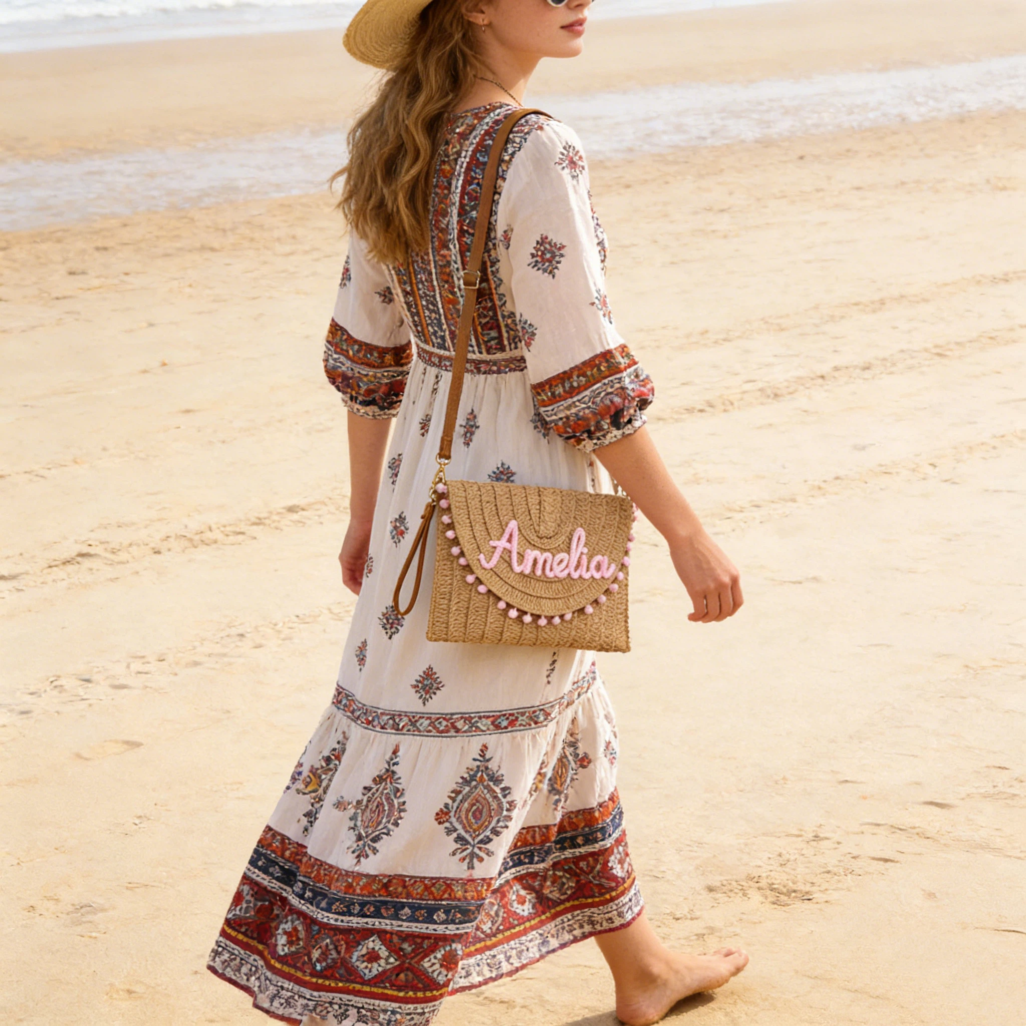 Personalized Hand Embroidered Straw Beach Tote Bag for Unique & Love | JNSBag137