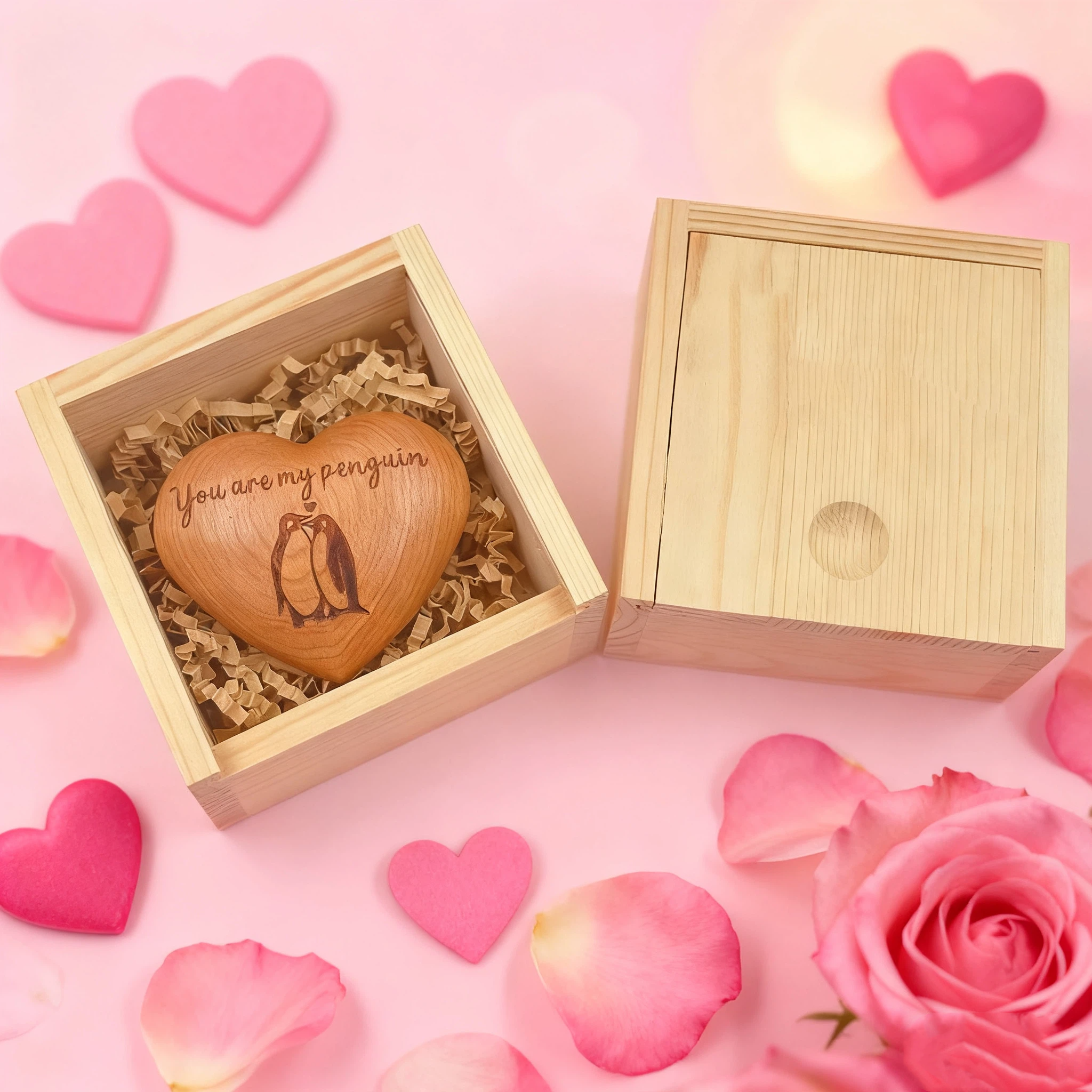 Personalized Penguin Engraved Wood Heart Gift for Unique & Love | JNSDec189