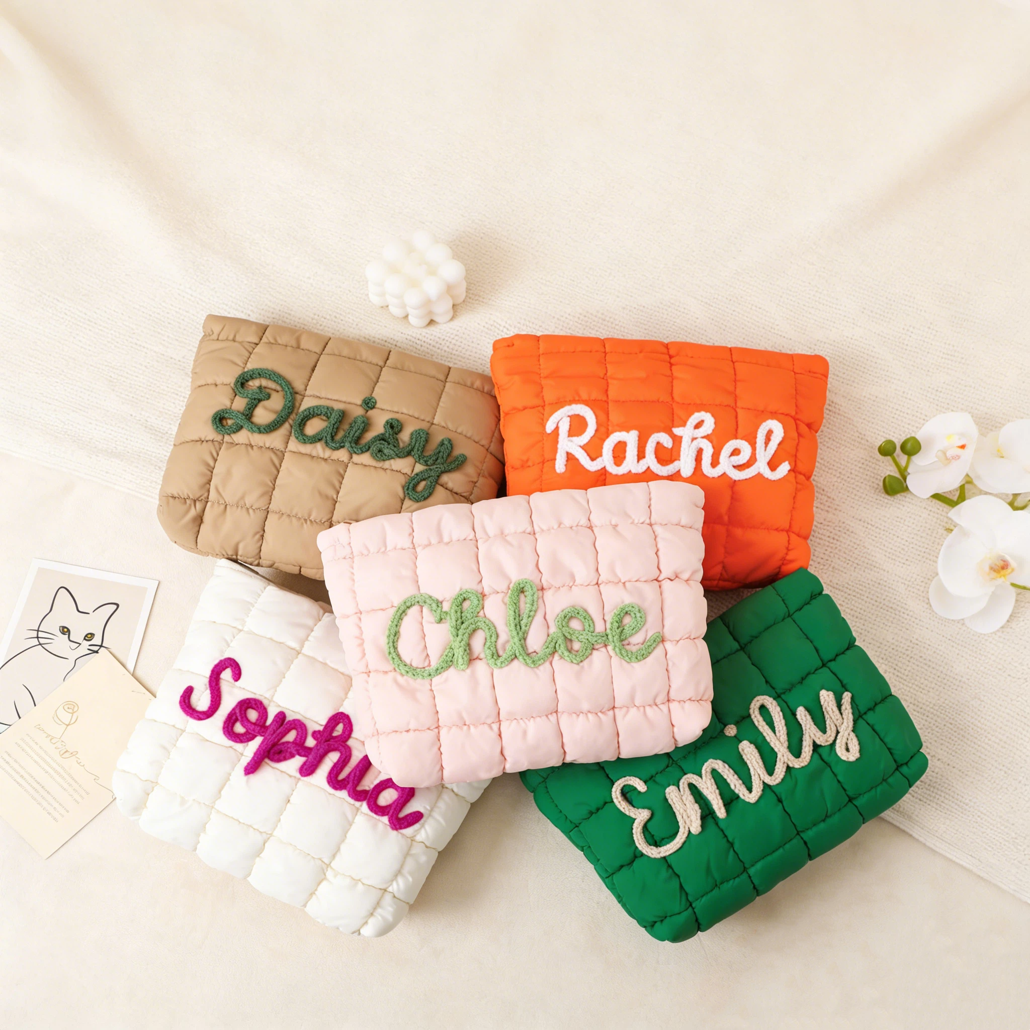 Personalized Hand Embroidered Quilted Zipper Makeup Bag for Unique & Love | JNSBag126