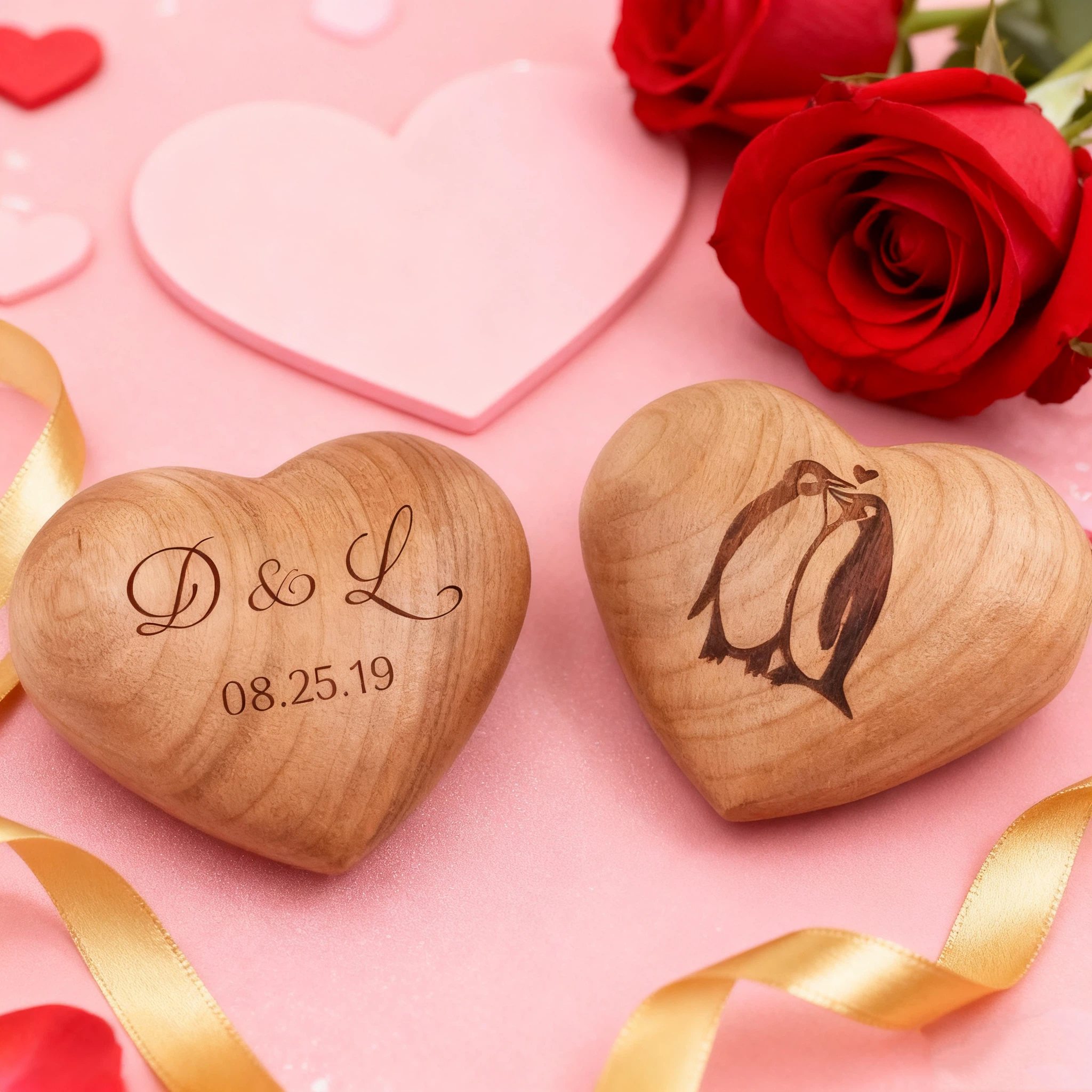 Personalized Penguin Engraved Wood Heart Gift for Unique & Love | JNSDec189