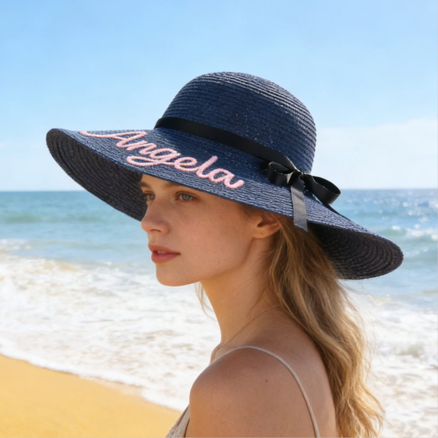 Personalized Hand Embroidered Straw Floppy Sun Hat for Unique & Love | JNSHat14