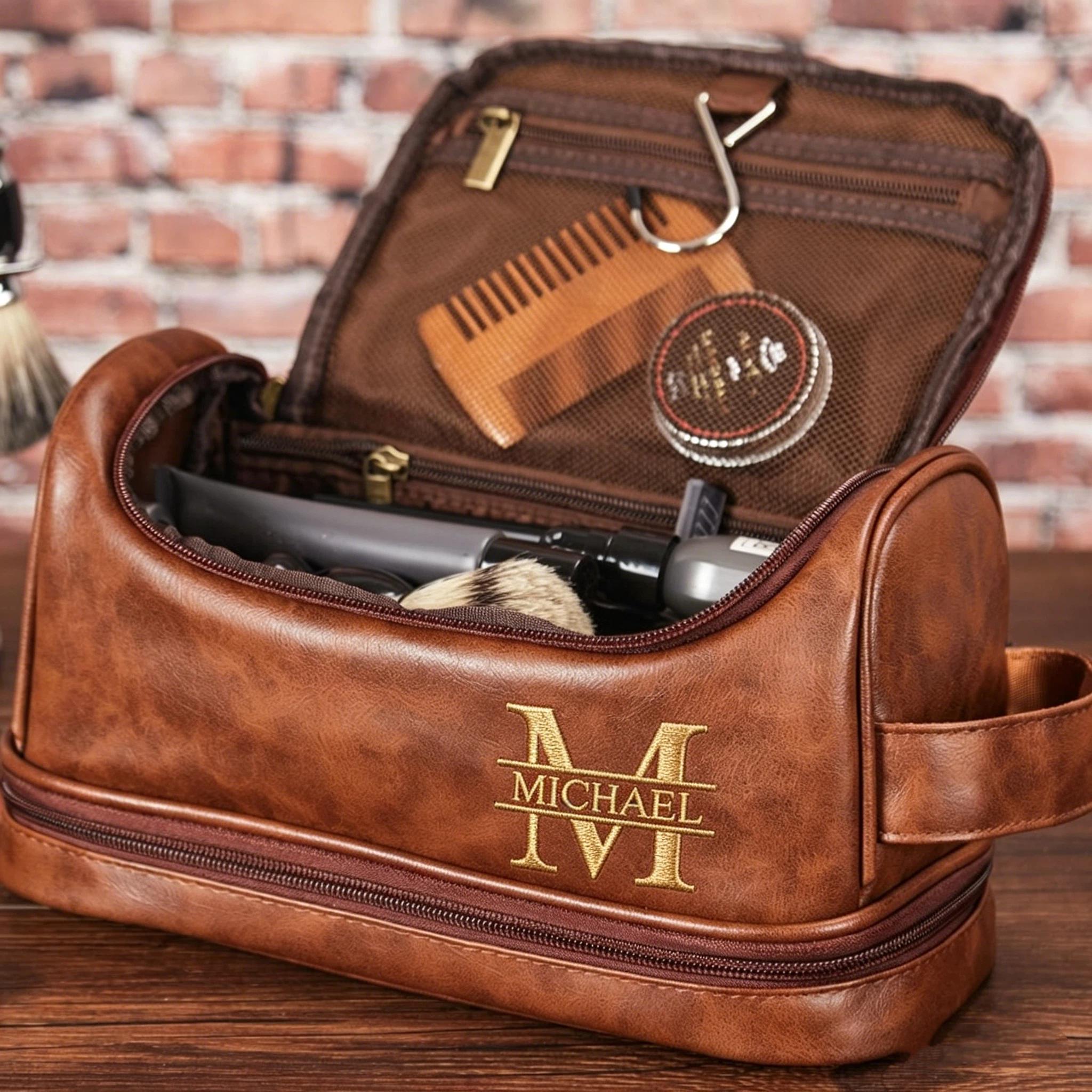 Personalized Leather Monogram Embroidered Wash Bag for Unique & Love | JNSBag138