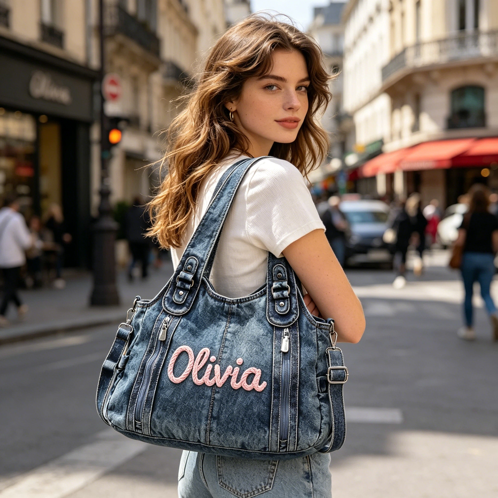 Personalized Hand Embroidered Retro Denim Tote Bag  for Unique & Love | JNSBag144
