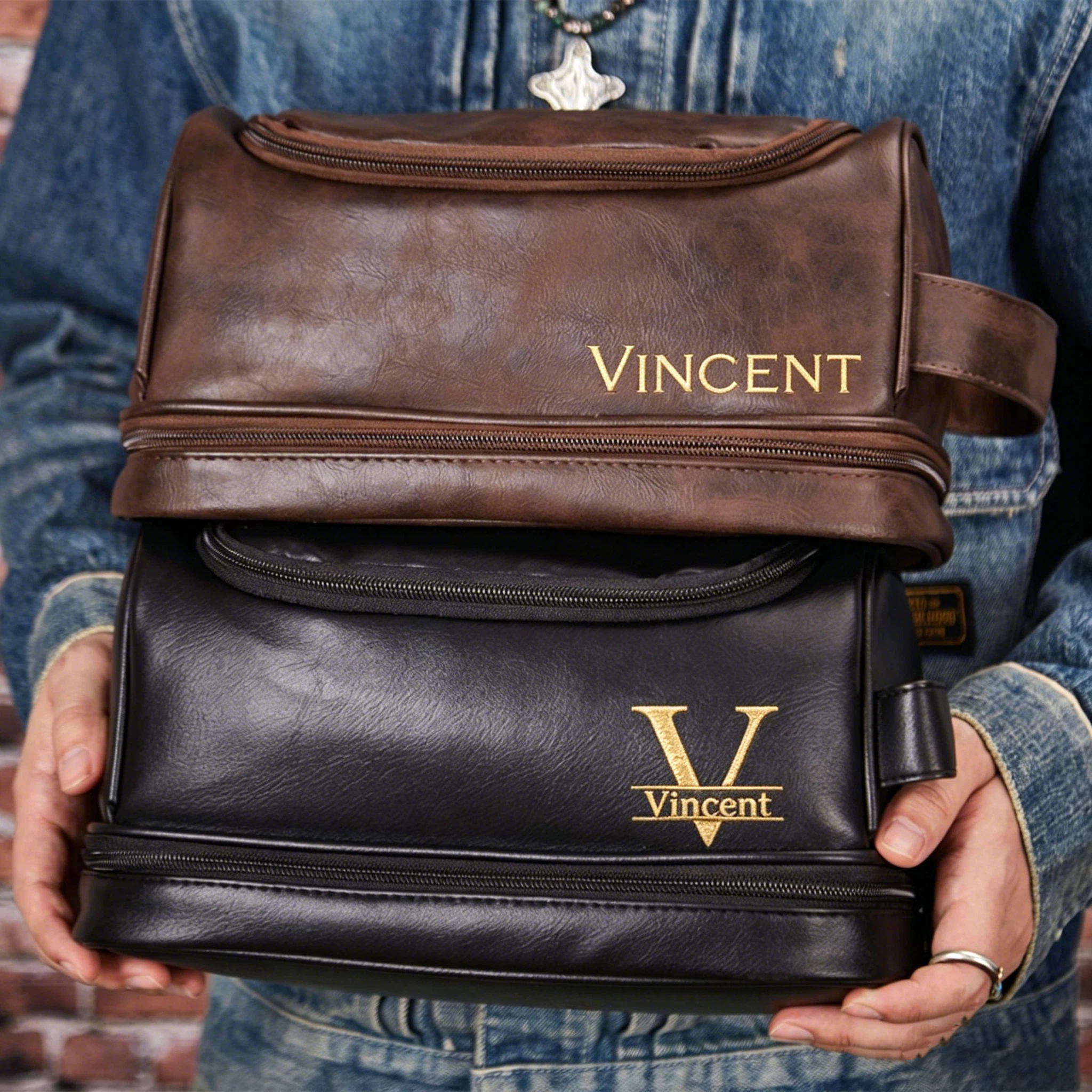 Personalized Leather Monogram Embroidered Wash Bag for Unique & Love | JNSBag138