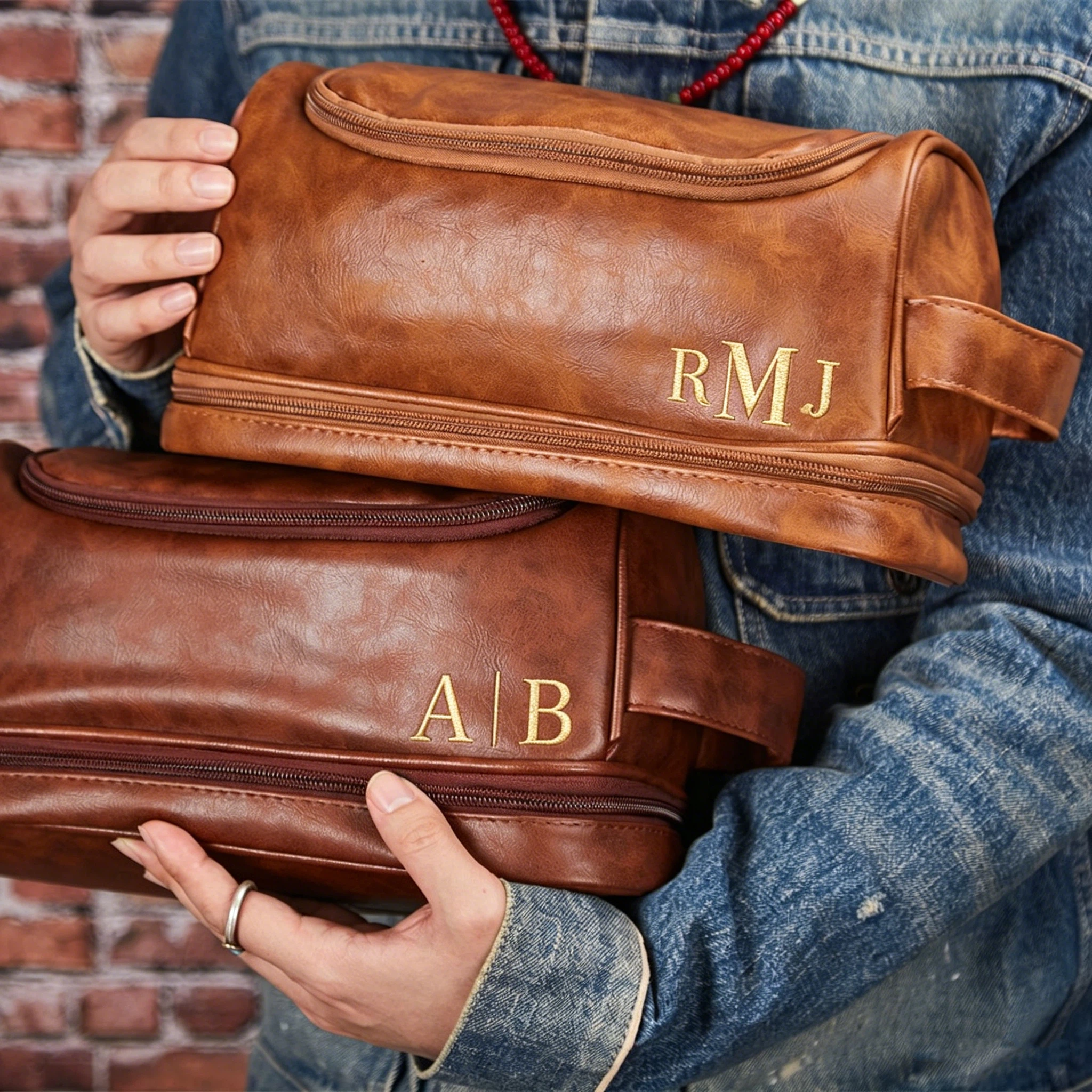 Personalized Leather Monogram Embroidered Wash Bag for Unique & Love | JNSBag138