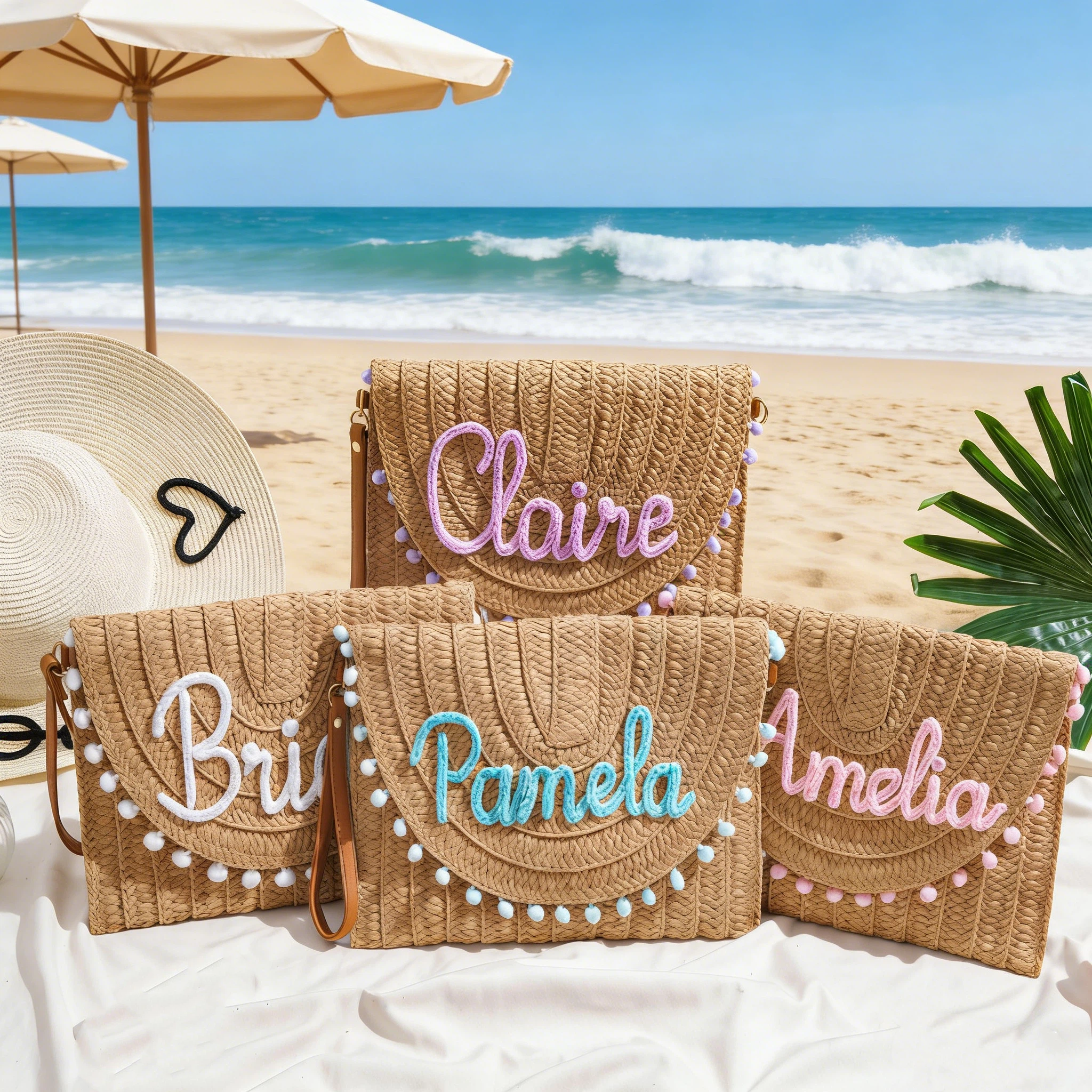 Personalized Hand Embroidered Straw Beach Tote Bag for Unique & Love | JNSBag137