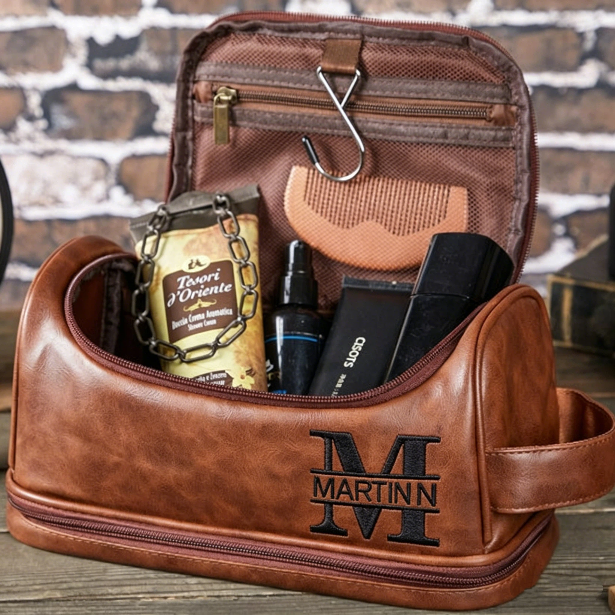 Personalized Leather Monogram Embroidered Wash Bag for Unique & Love | JNSBag138