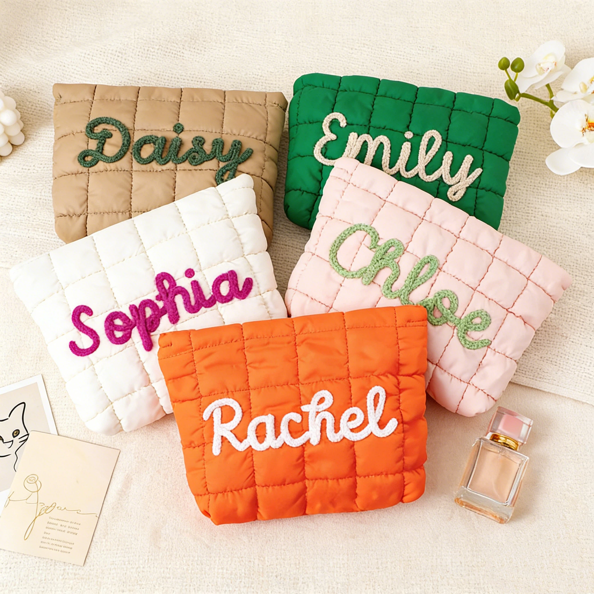 Personalized Hand Embroidered Quilted Zipper Makeup Bag for Unique & Love | JNSBag126
