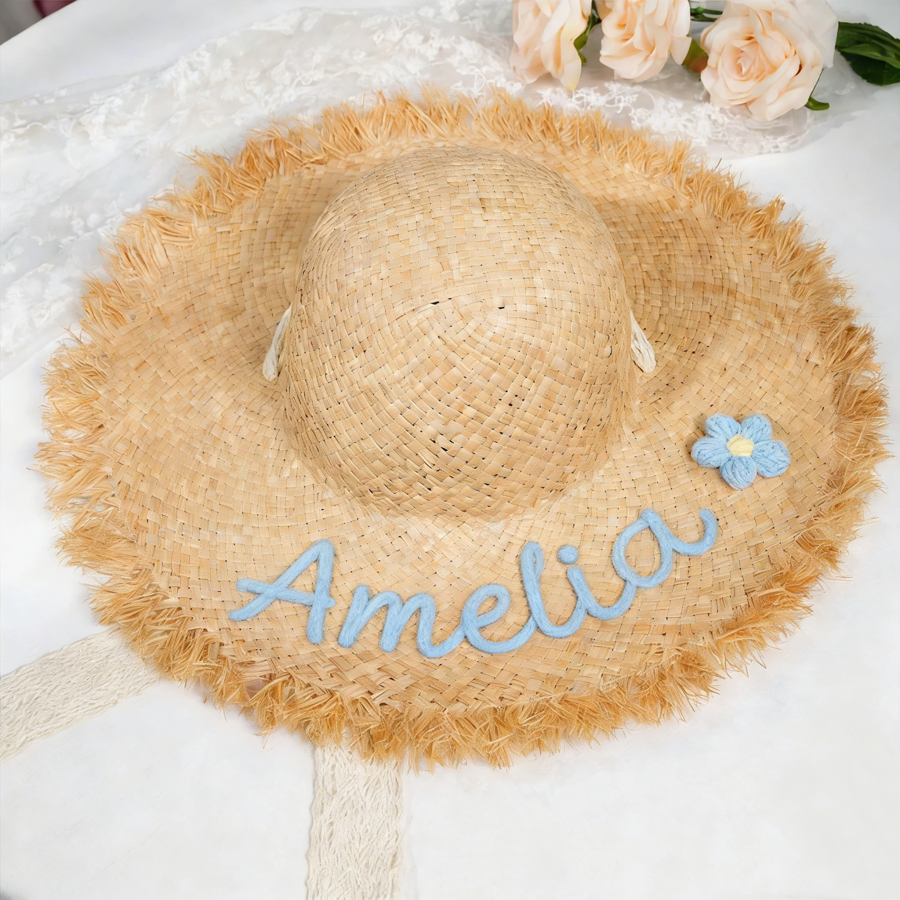 Personalized Hand Embroidered Straw Floppy Sun Hat for Unique & Love | JNSHat13