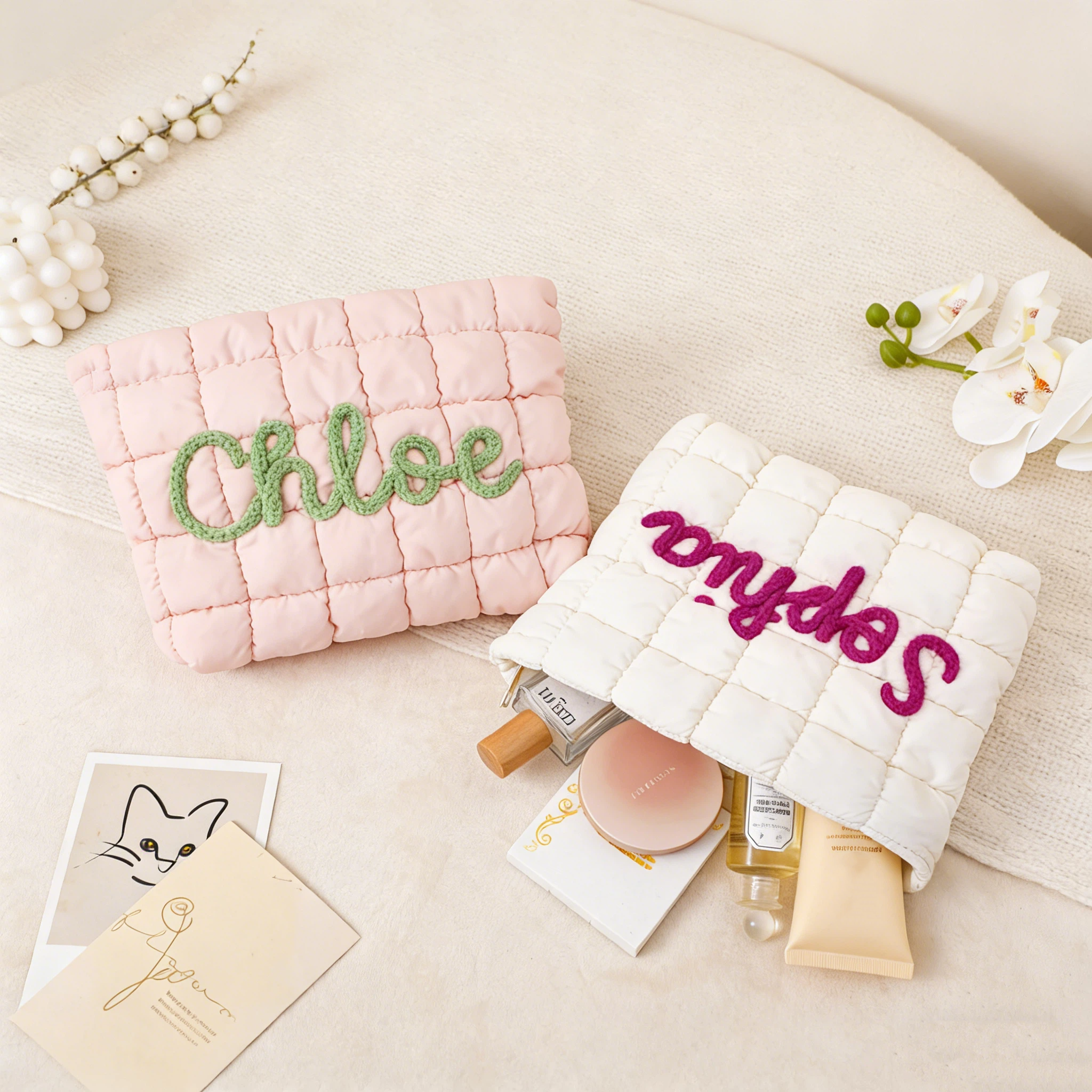 Personalized Hand Embroidered Quilted Zipper Makeup Bag for Unique & Love | JNSBag126