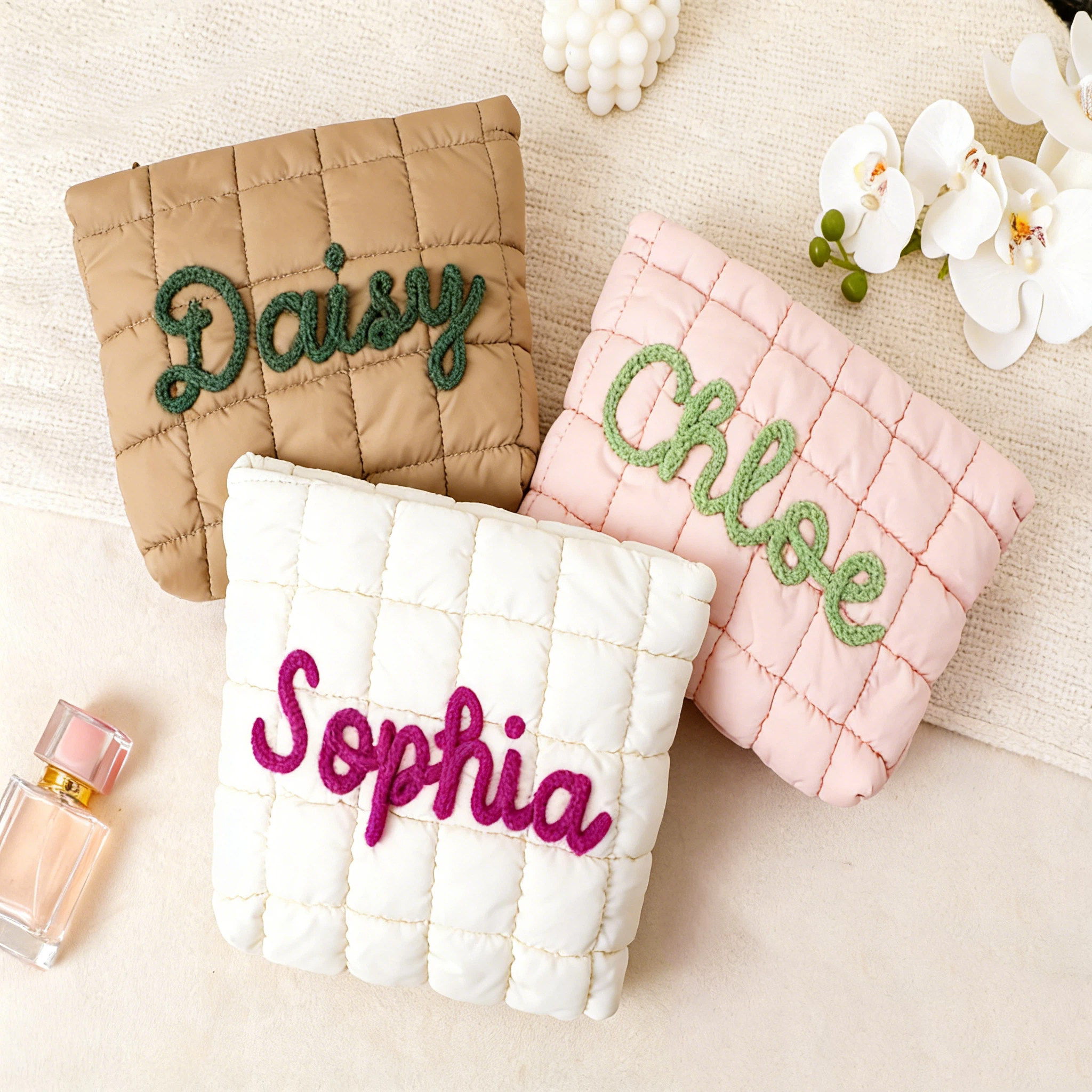 Personalized Hand Embroidered Quilted Zipper Makeup Bag for Unique & Love | JNSBag126