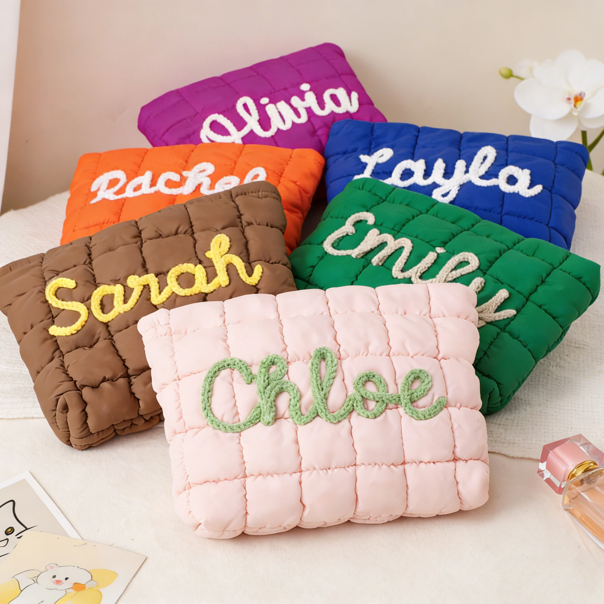 Personalized Hand Embroidered Quilted Zipper Makeup Bag for Unique & Love | JNSBag126