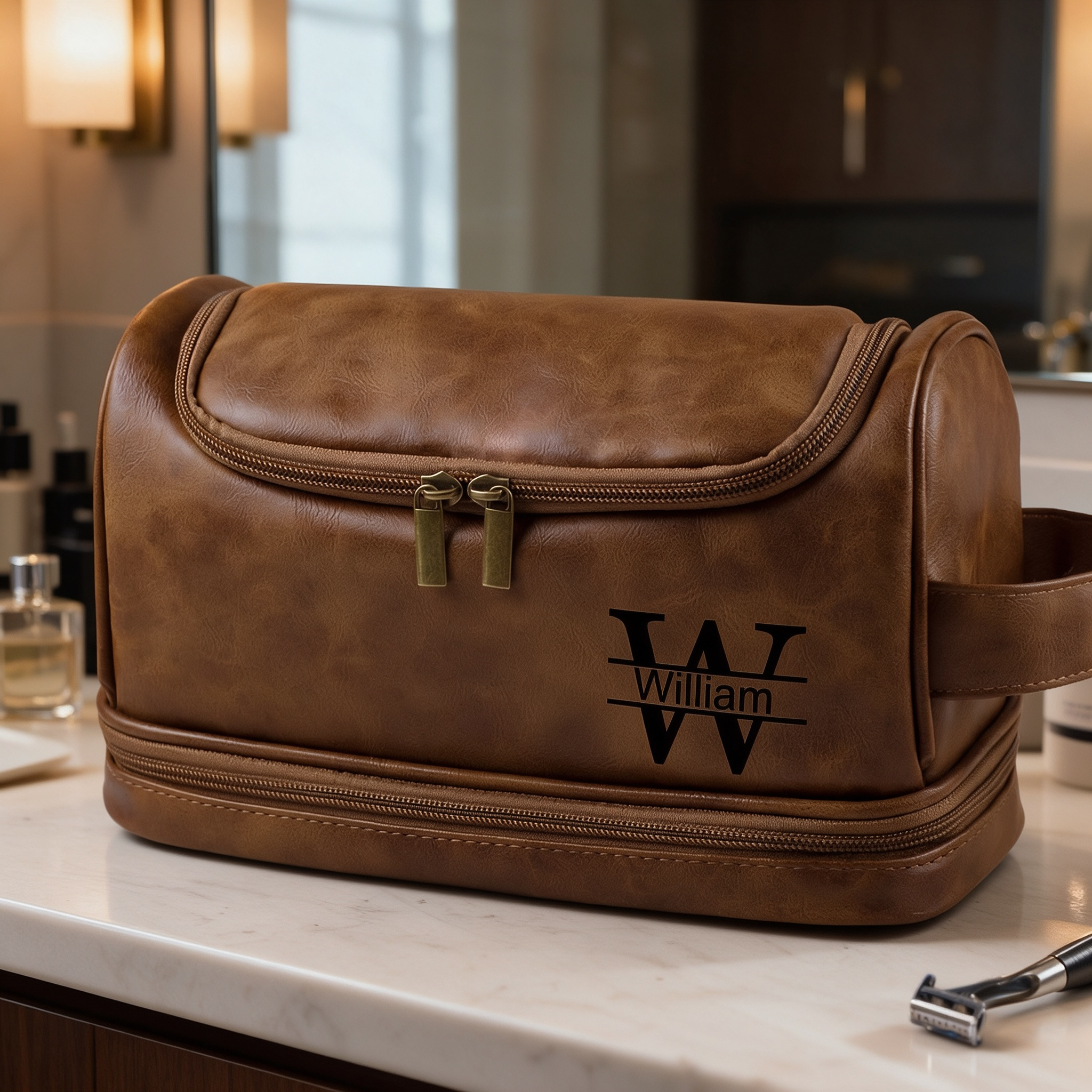 Personalized Leather Monogram Engraved Wash Bag for Unique & Love | JNSBag07