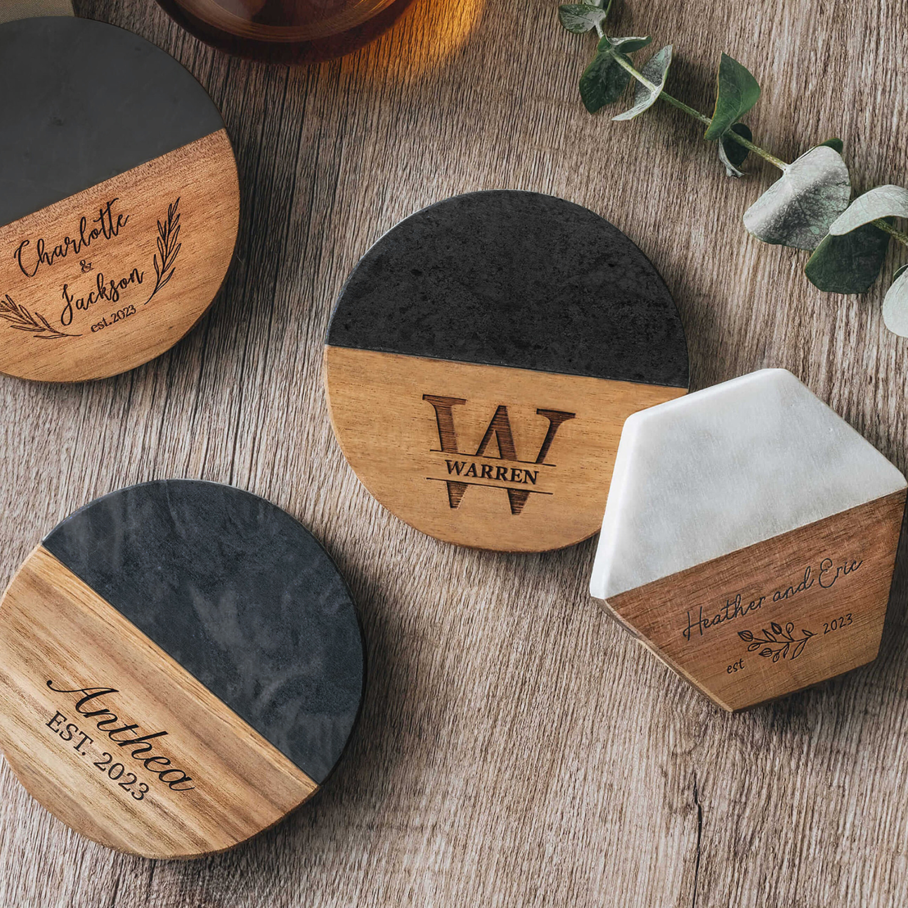 Personalized Wedding Engraved Marble Wood Coasters  for Unique & Love | JNSDec04