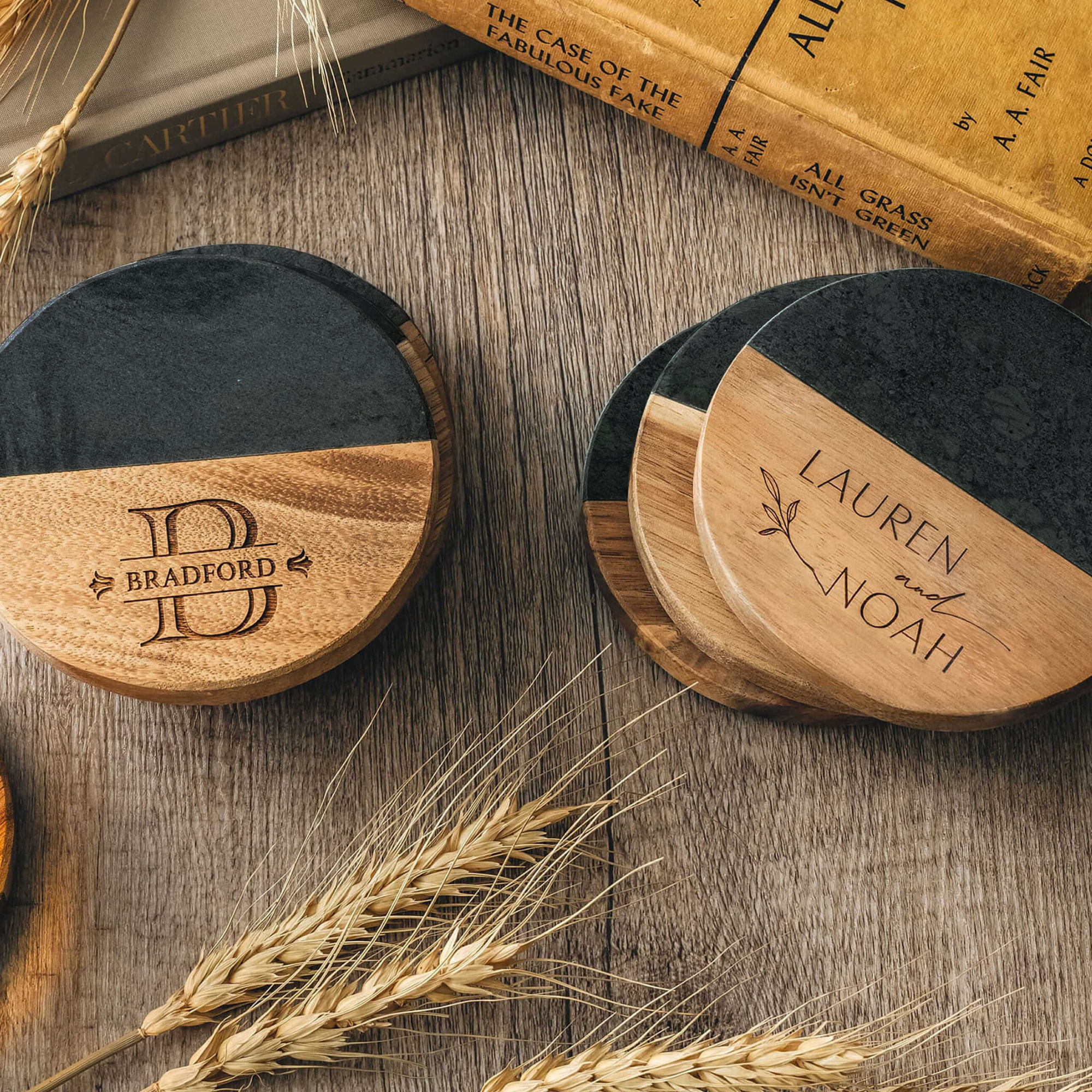 Personalized Wedding Engraved Marble Wood Coasters  for Unique & Love | JNSDec04