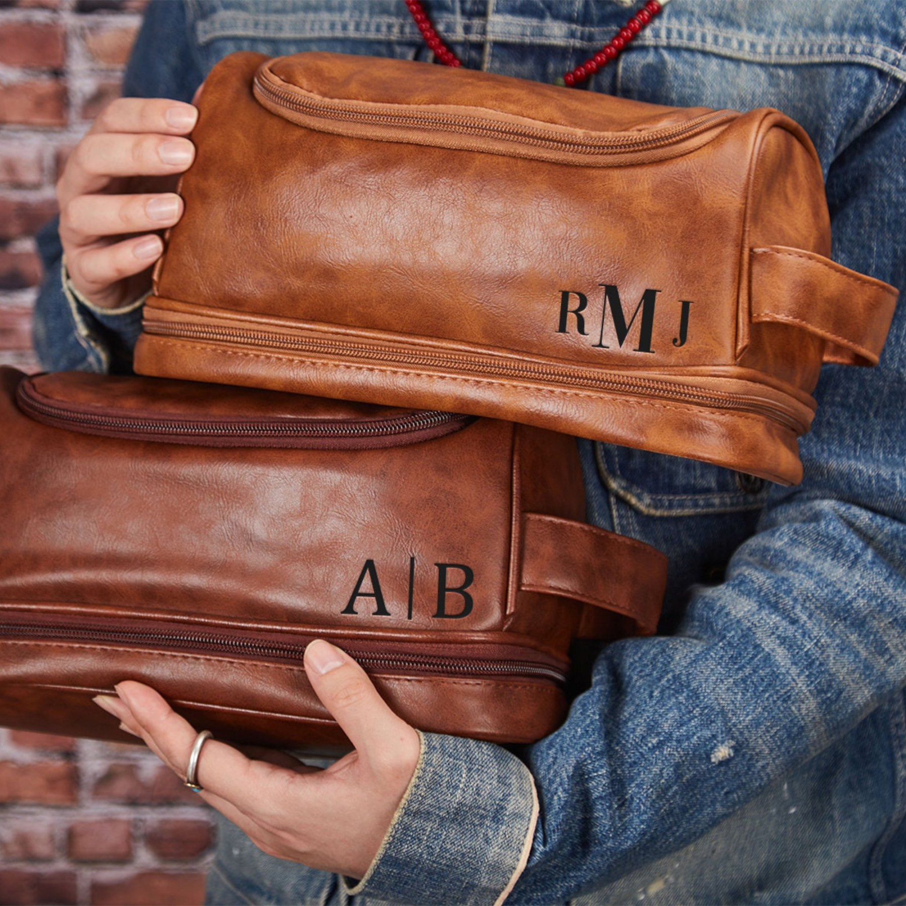 Personalized Leather Monogram Engraved Wash Bag for Unique & Love | JNSBag07