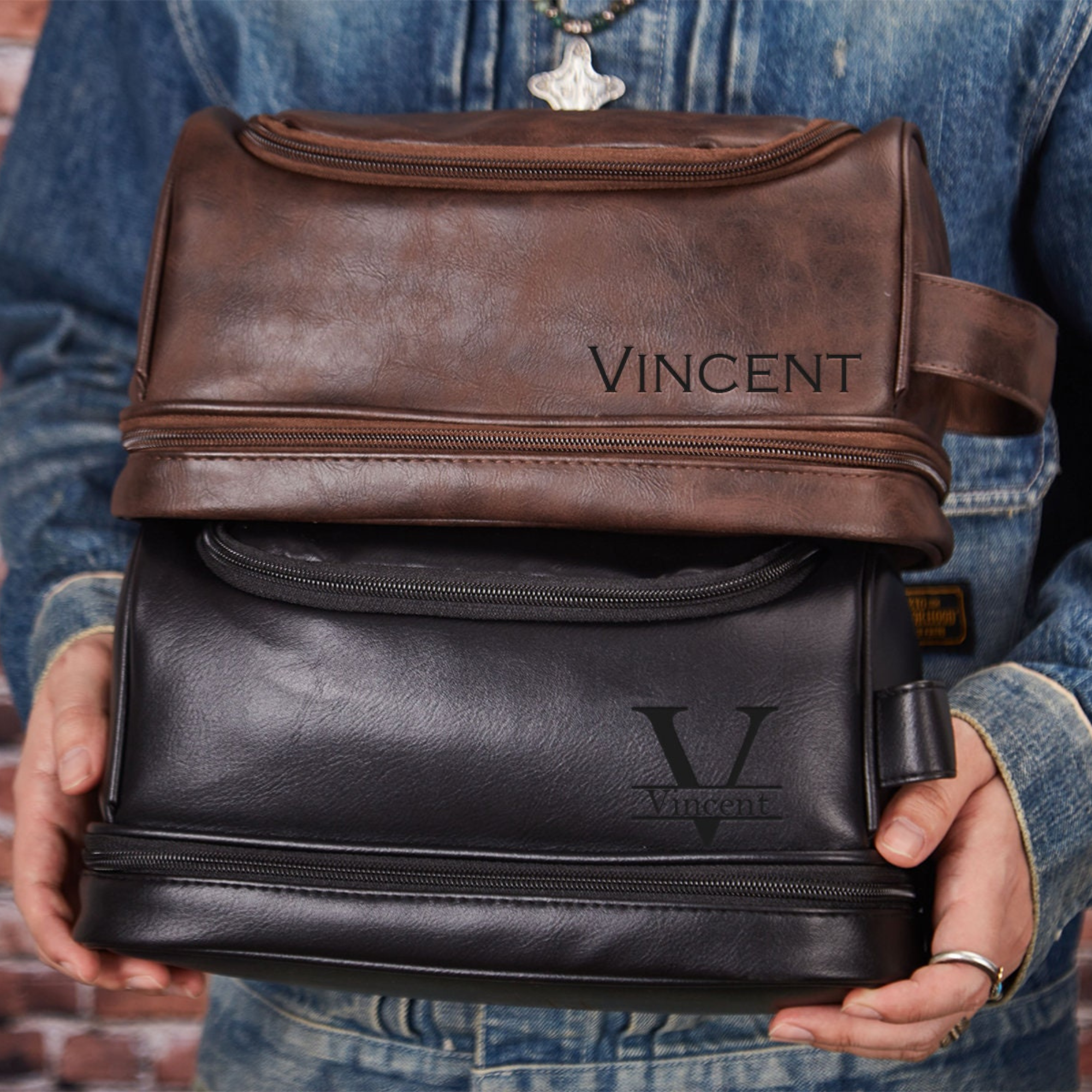 Personalized Leather Monogram Engraved Wash Bag for Unique & Love | JNSBag07