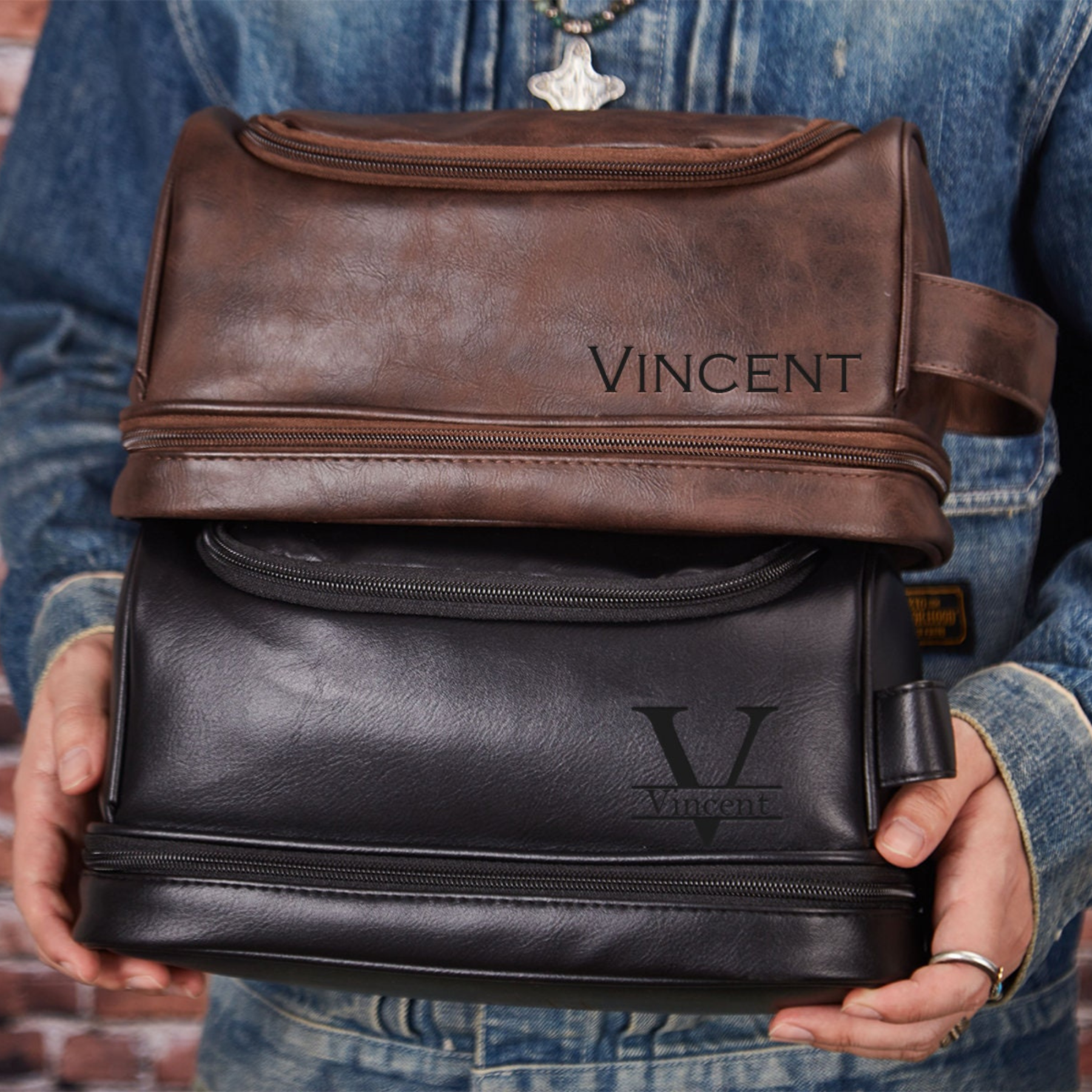 Personalized Leather Monogram Engraved Wash Bag for Unique & Love | JNSBag07