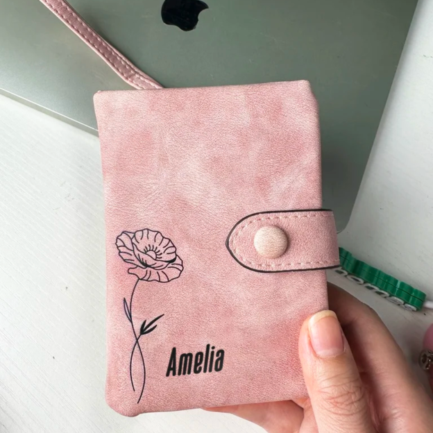 Personalized Tri-Fold Birth Flower Leather Wallet Card Holder for Unique & Love | JNSBag10
