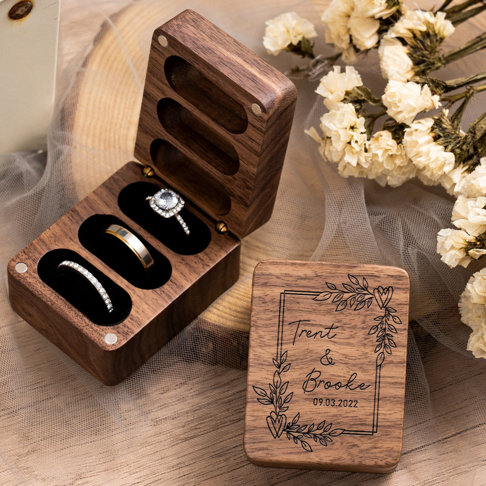 Personalized Triple Slots Wedding Ring Box for Unique & Love | JNSDec39
