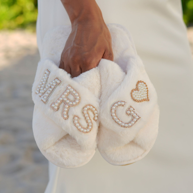 Personalized Bride Gift Pearls Rhinestone Fluffy Slippers for Unique & Love | JNSCloth10