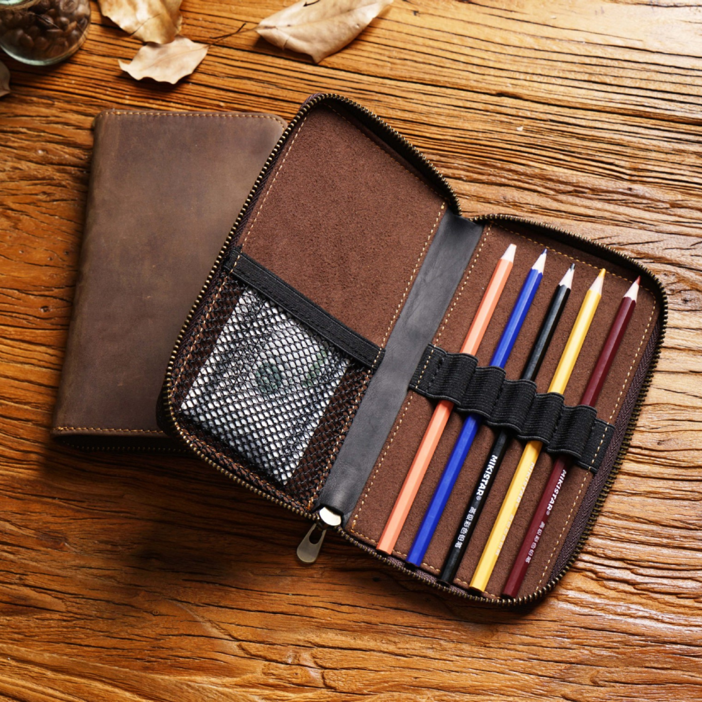 Personalized Monogrammed Genuine Leather Pen Holder Organizer with Zipper | JNSBag44