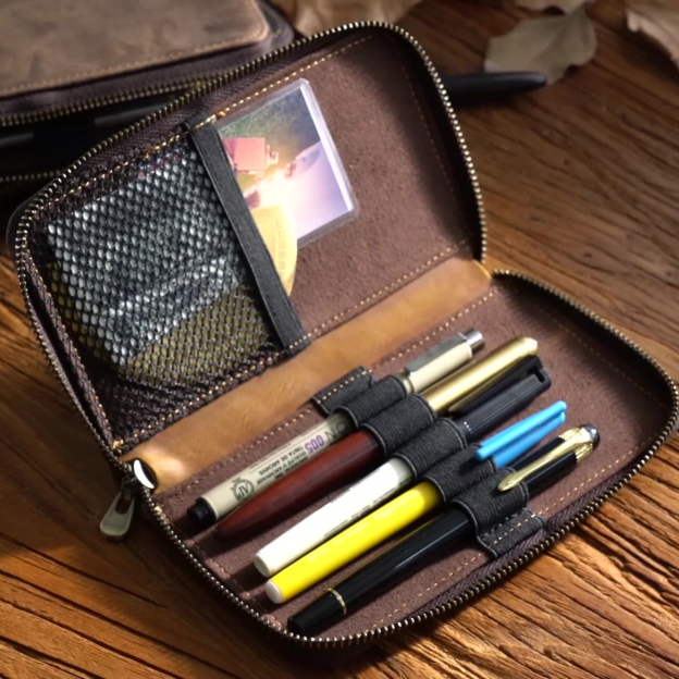 Personalized Monogrammed Genuine Leather Pen Holder Organizer with Zipper | JNSBag44
