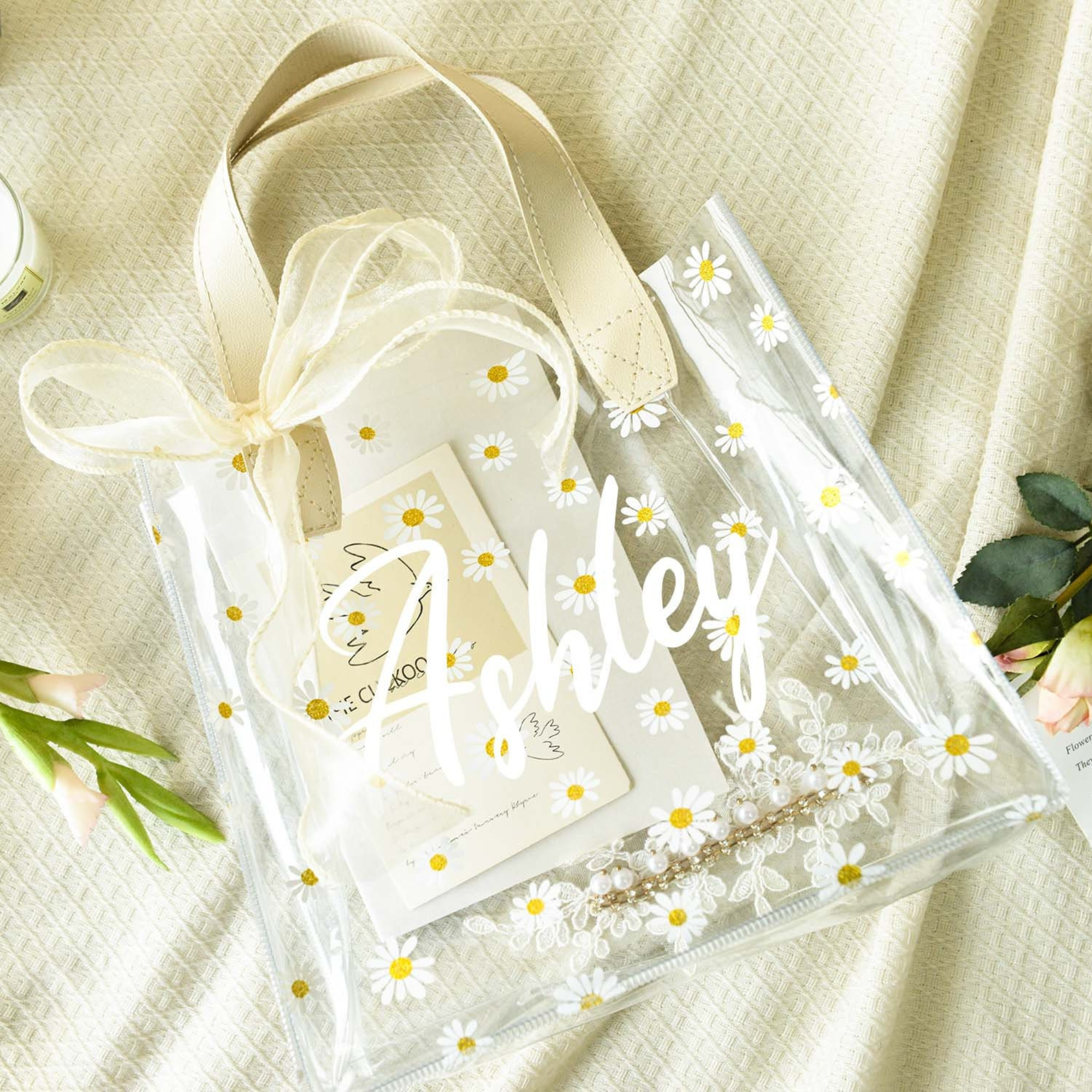Personalized Transparent Daisy Gift Bag with Ribbon | JNSBag46